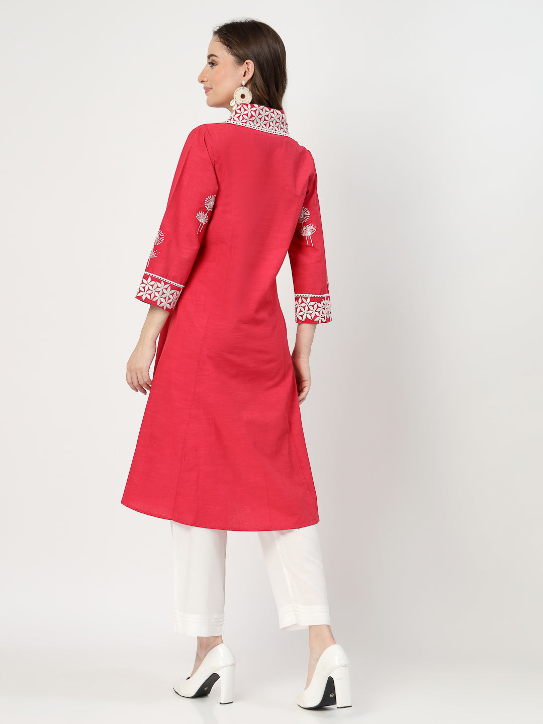 Pink Embroidered Kurta Set with Delicate Lace Detailing - Cosmic Trio