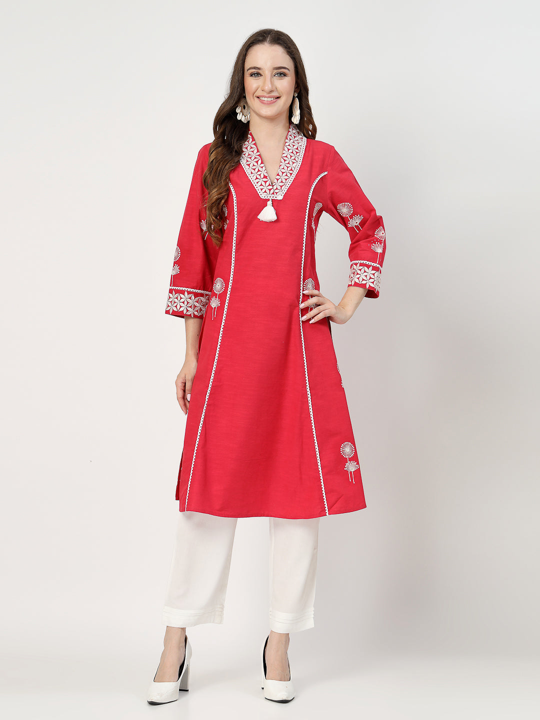 Pink Embroidered Kurta Set with Delicate Lace Detailing - Cosmic Trio