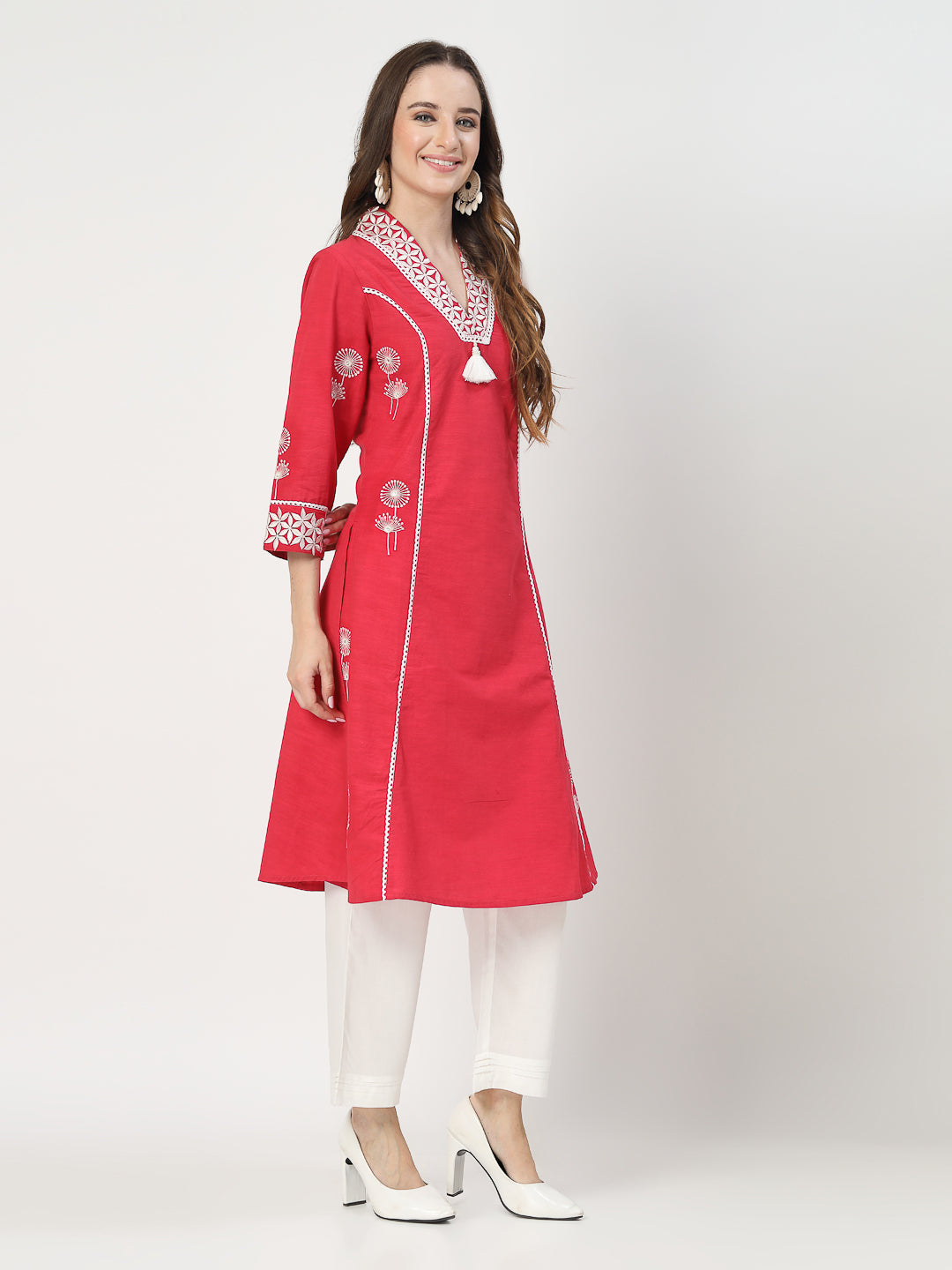 Pink Embroidered Kurta Set with Delicate Lace Detailing - Cosmic Trio