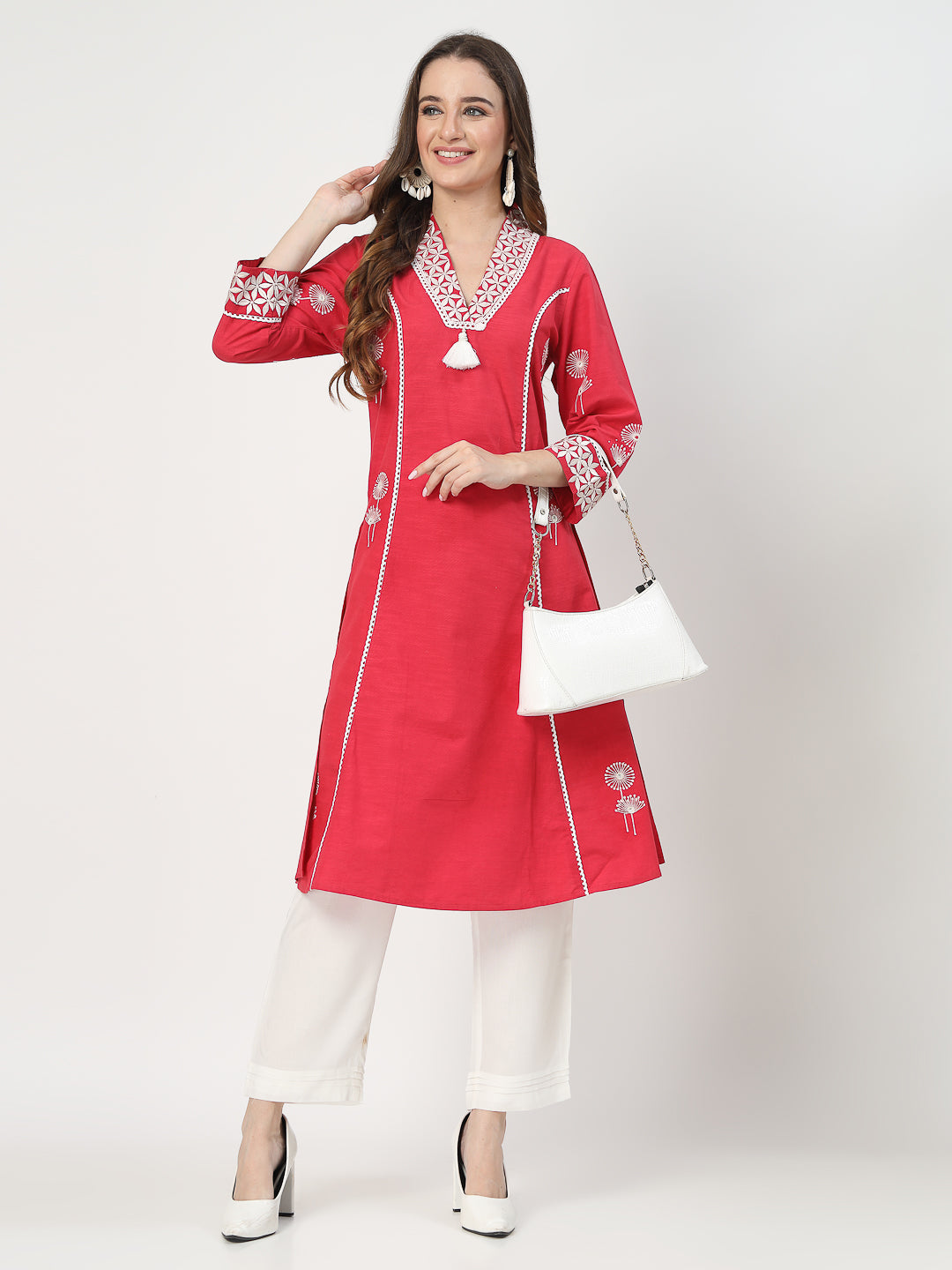 Pink Embroidered Kurta Set with Delicate Lace Detailing - Cosmic Trio