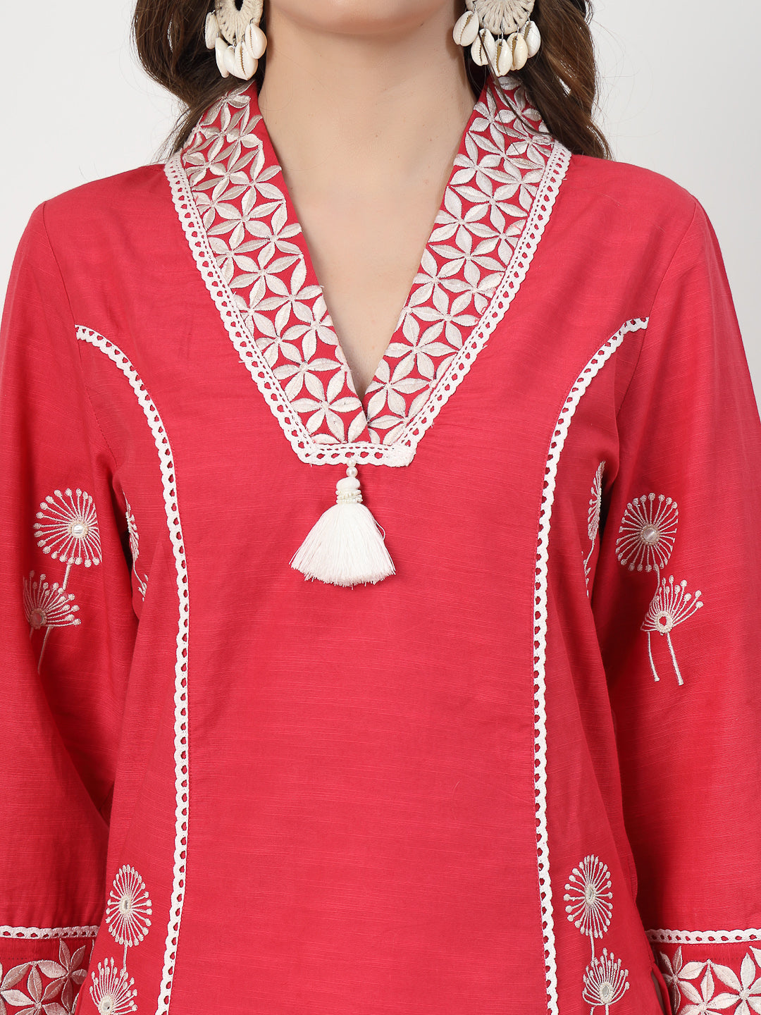 Pink Embroidered Kurta Set with Delicate Lace Detailing - Cosmic Trio