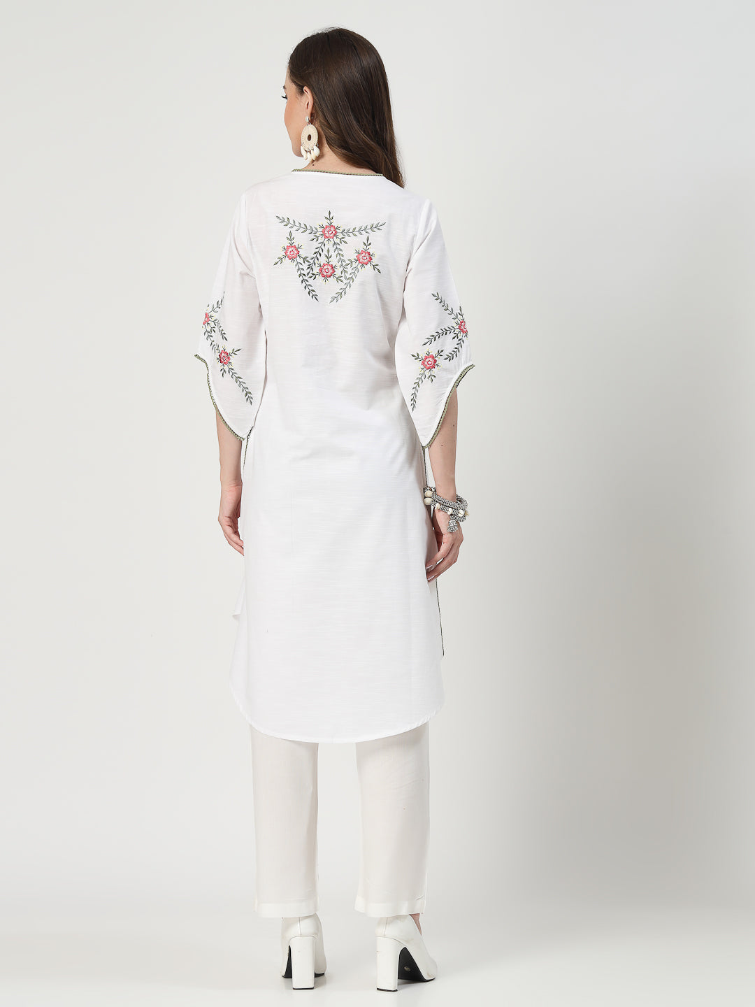 White Embroidered Kurta Set with Delicate Lace Detailing - Cosmic Trio