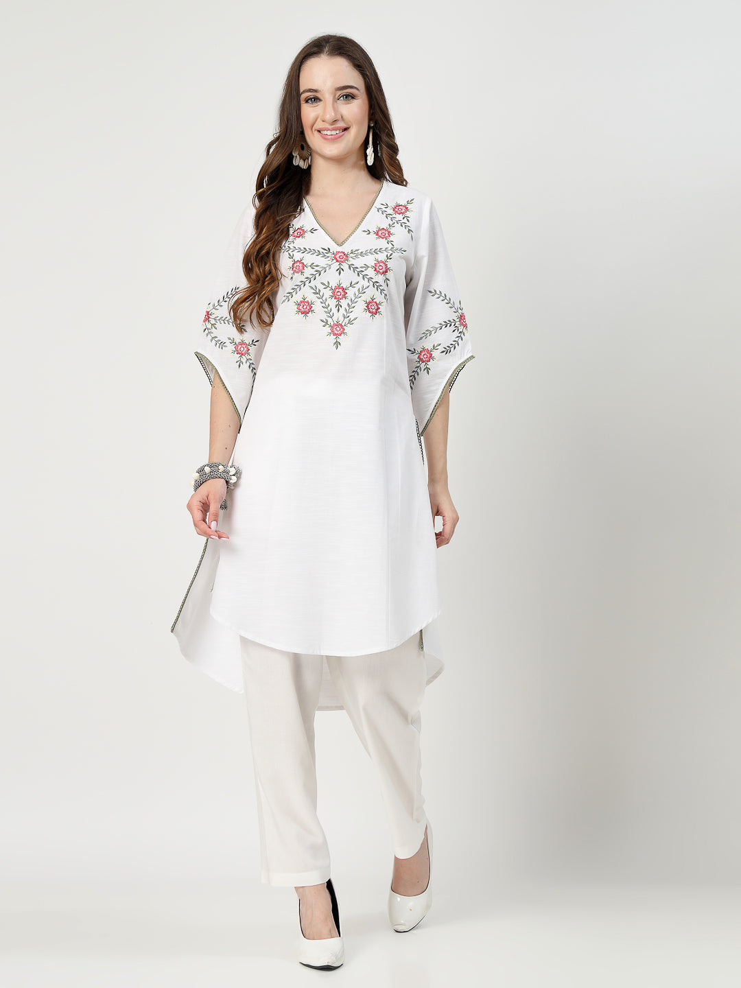 White Embroidered Kurta Set with Delicate Lace Detailing - Cosmic Trio