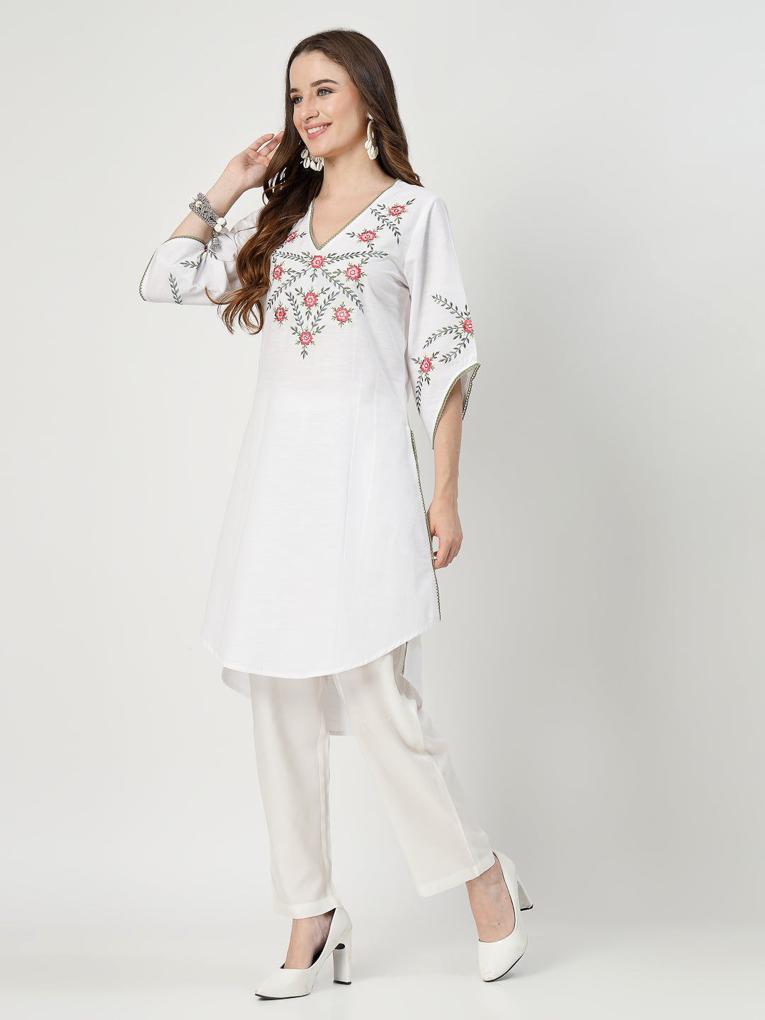 White Embroidered Kurta Set with Delicate Lace Detailing - Cosmic Trio