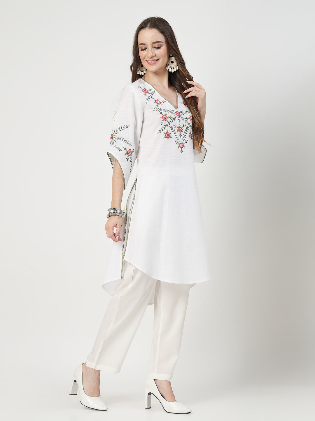 White Embroidered Kurta Set with Delicate Lace Detailing - Cosmic Trio
