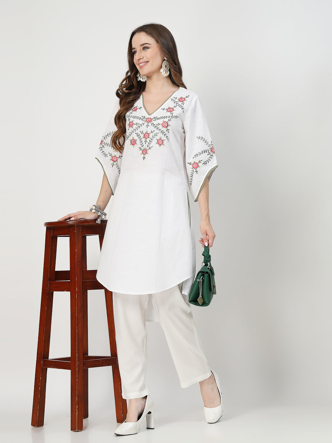 White Embroidered Kurta Set with Delicate Lace Detailing - Cosmic Trio