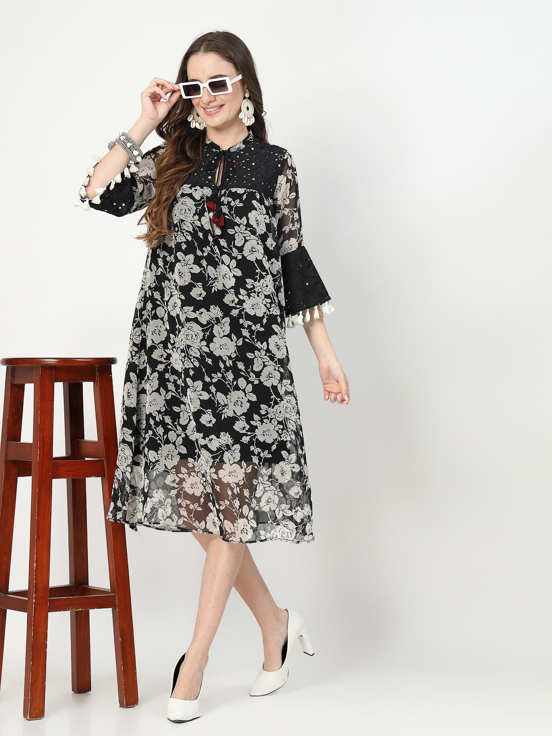 Black Midi Dress with Schiffli Detailing and Tassel Accents - Cosmic Trio