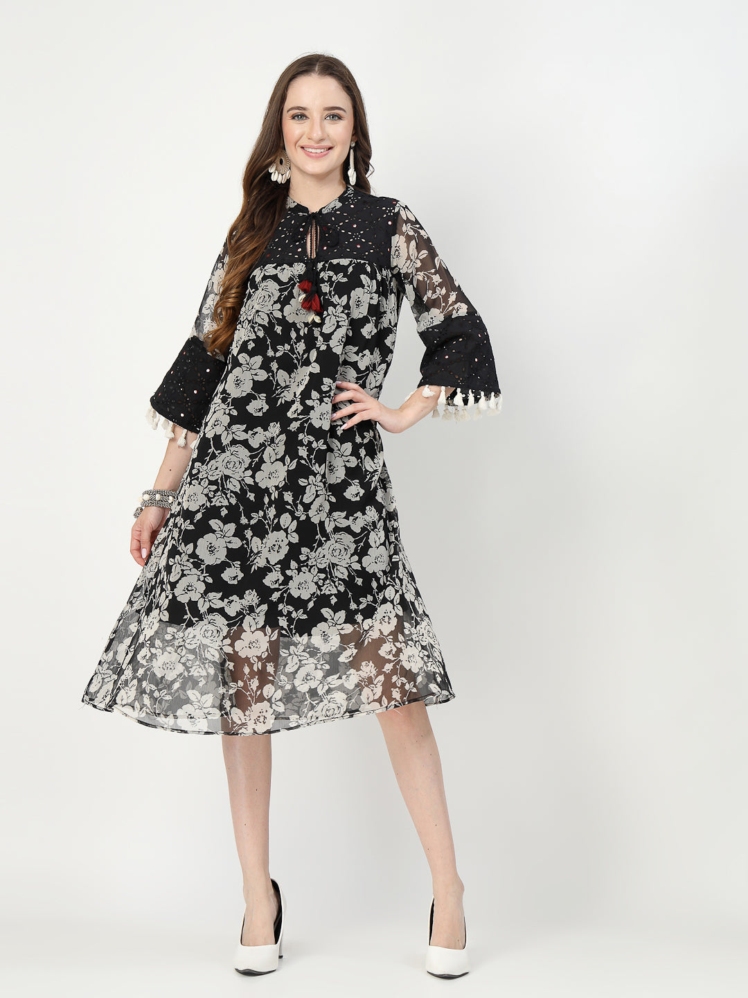 Black Midi Dress with Schiffli Detailing and Tassel Accents - Cosmic Trio