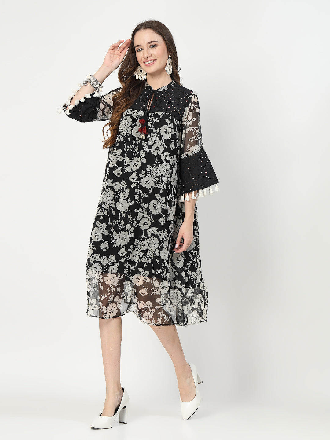 Black Midi Dress with Schiffli Detailing and Tassel Accents - Cosmic Trio