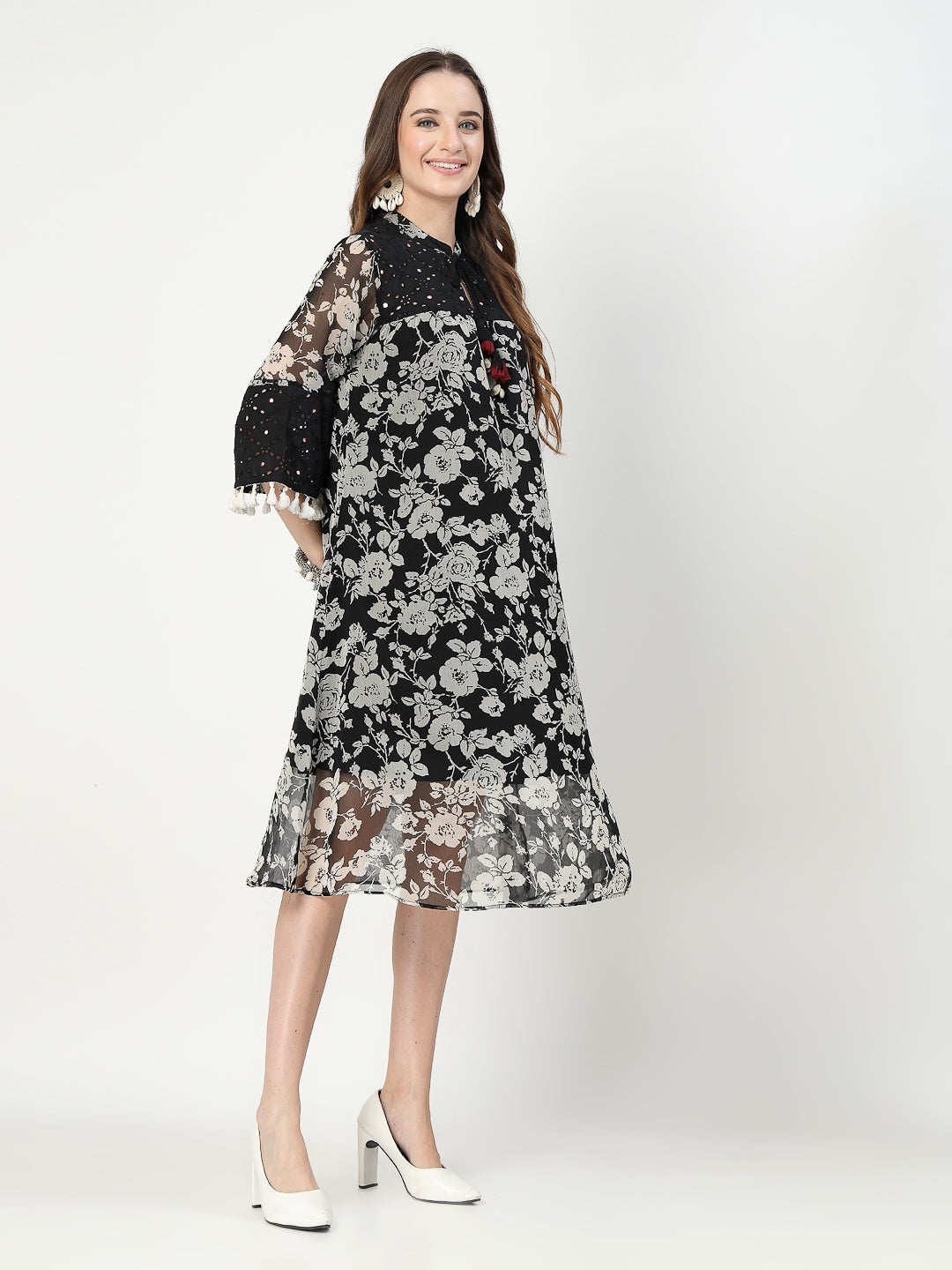 Black Midi Dress with Schiffli Detailing and Tassel Accents - Cosmic Trio