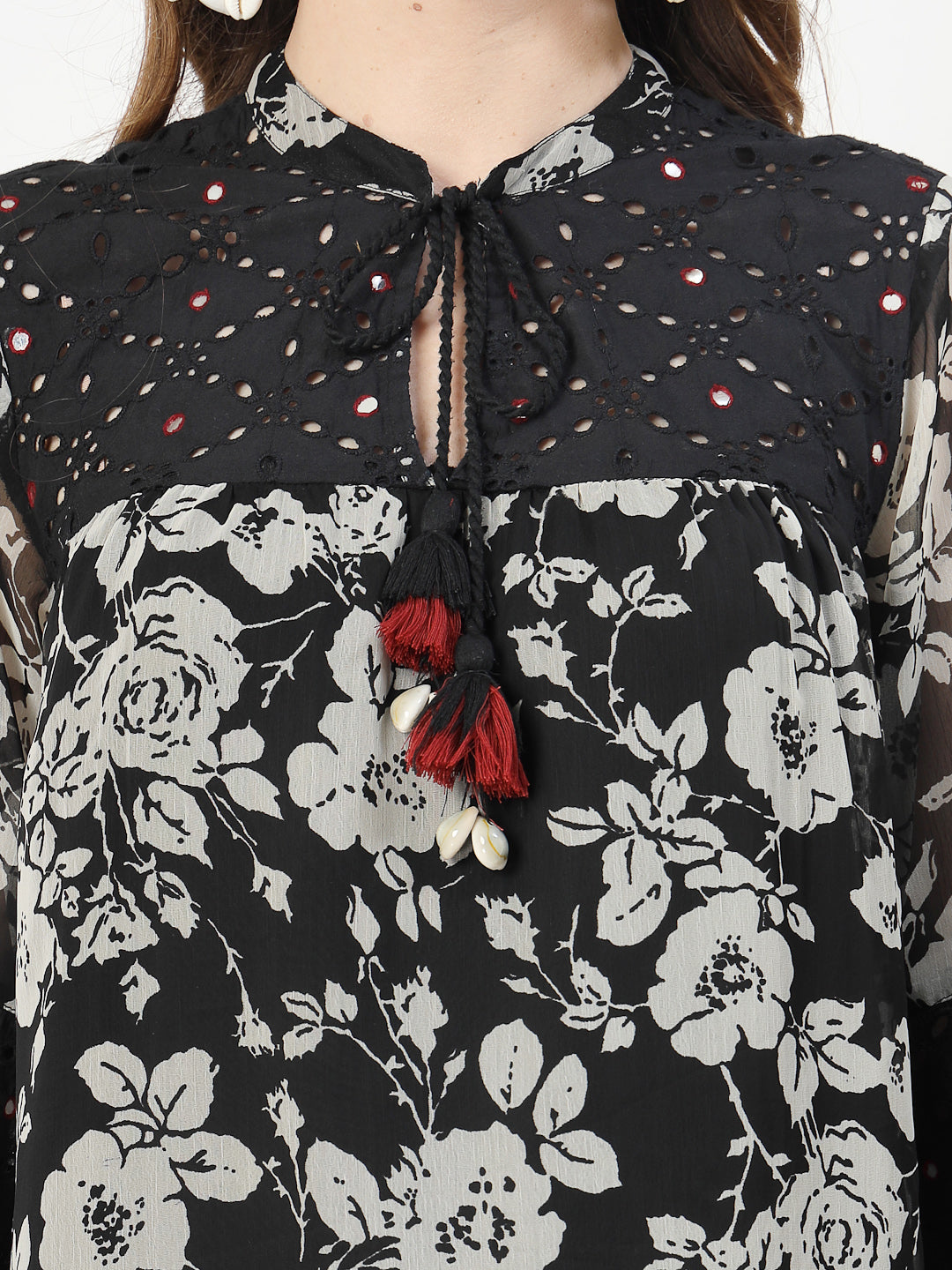 Black Midi Dress with Schiffli Detailing and Tassel Accents - Cosmic Trio