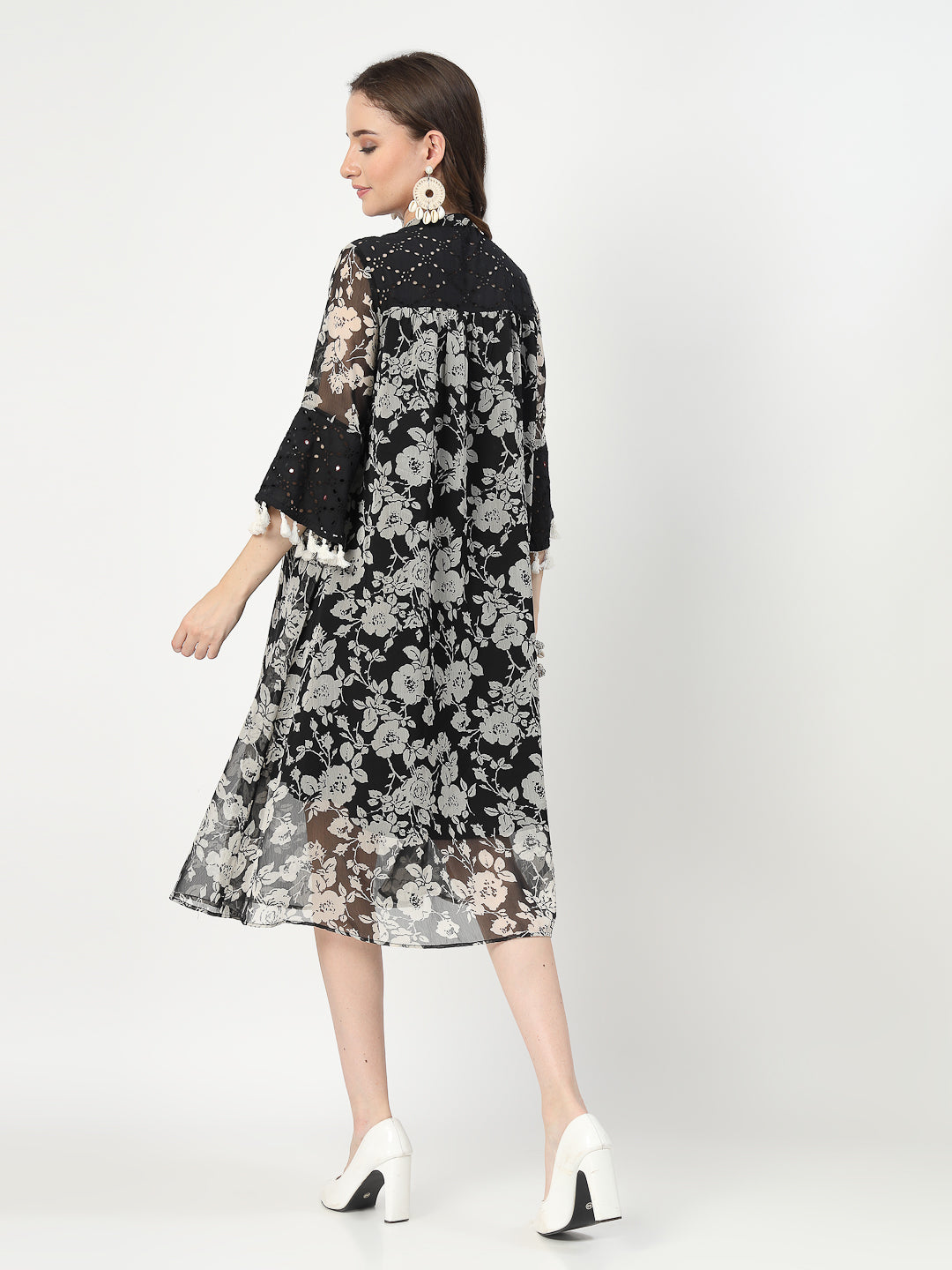 Black Midi Dress with Schiffli Detailing and Tassel Accents - Cosmic Trio