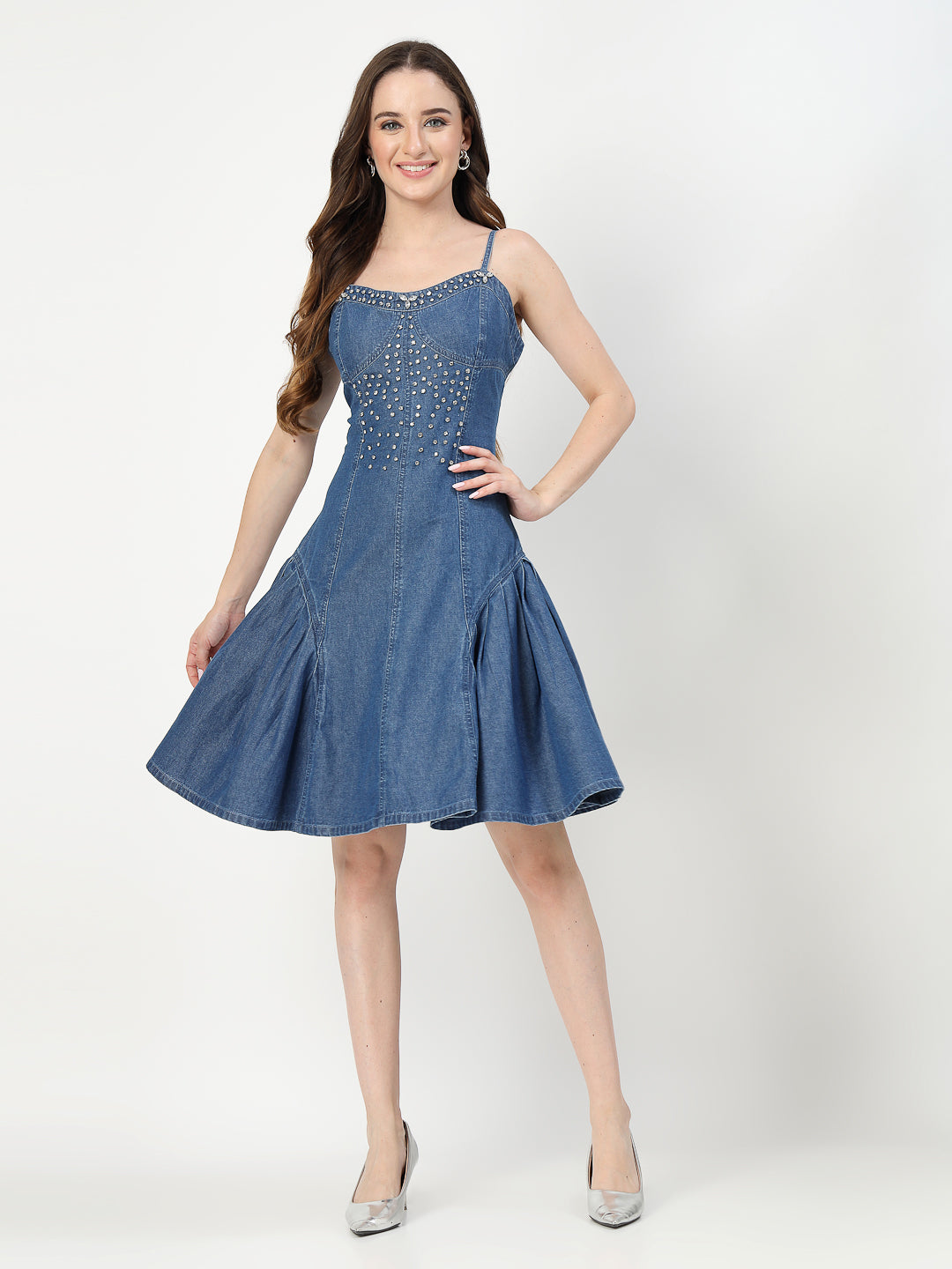 Denim Cami Dress with Embroidery and Wrinkle Hem - Cosmic Trio