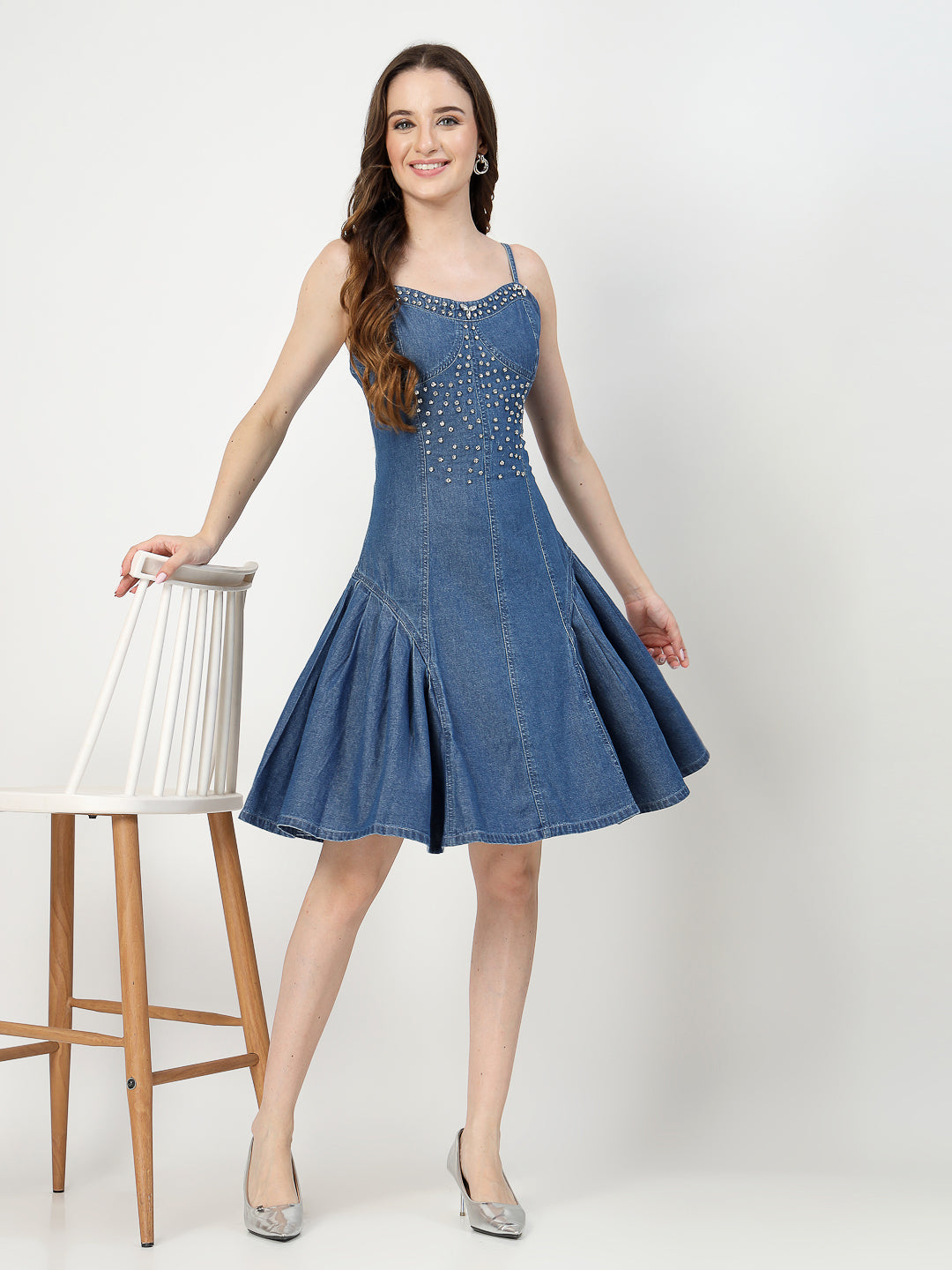 Denim Cami Dress with Embroidery and Wrinkle Hem - Cosmic Trio