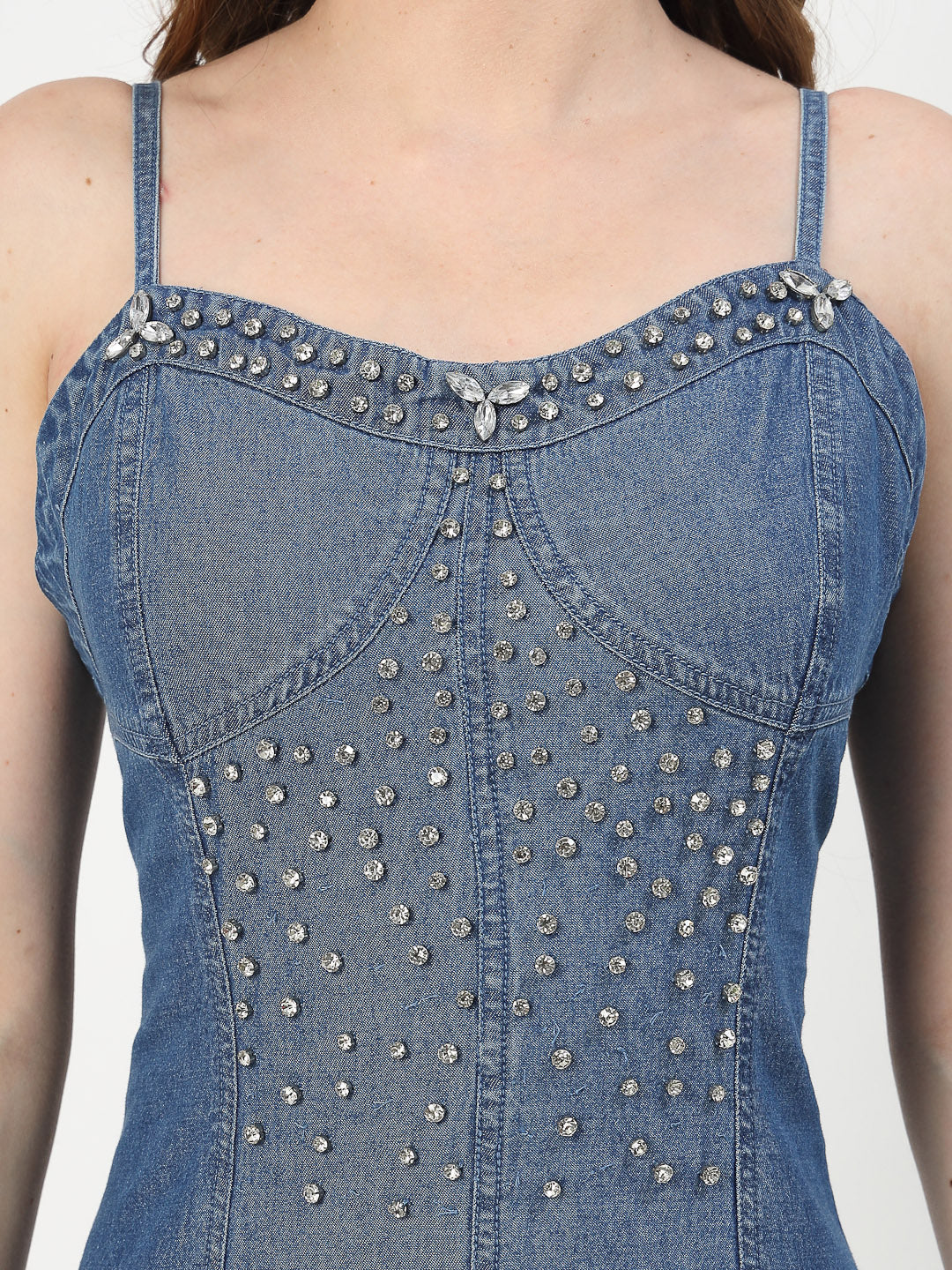 Denim Cami Dress with Embroidery and Wrinkle Hem - Cosmic Trio