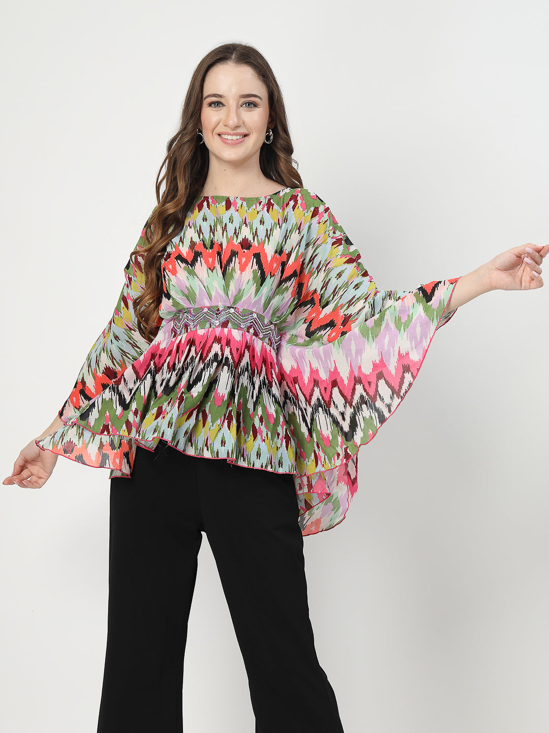 Printed Top with Waistband Embroidery & Palazzo Co-Ord - Cosmic Trio