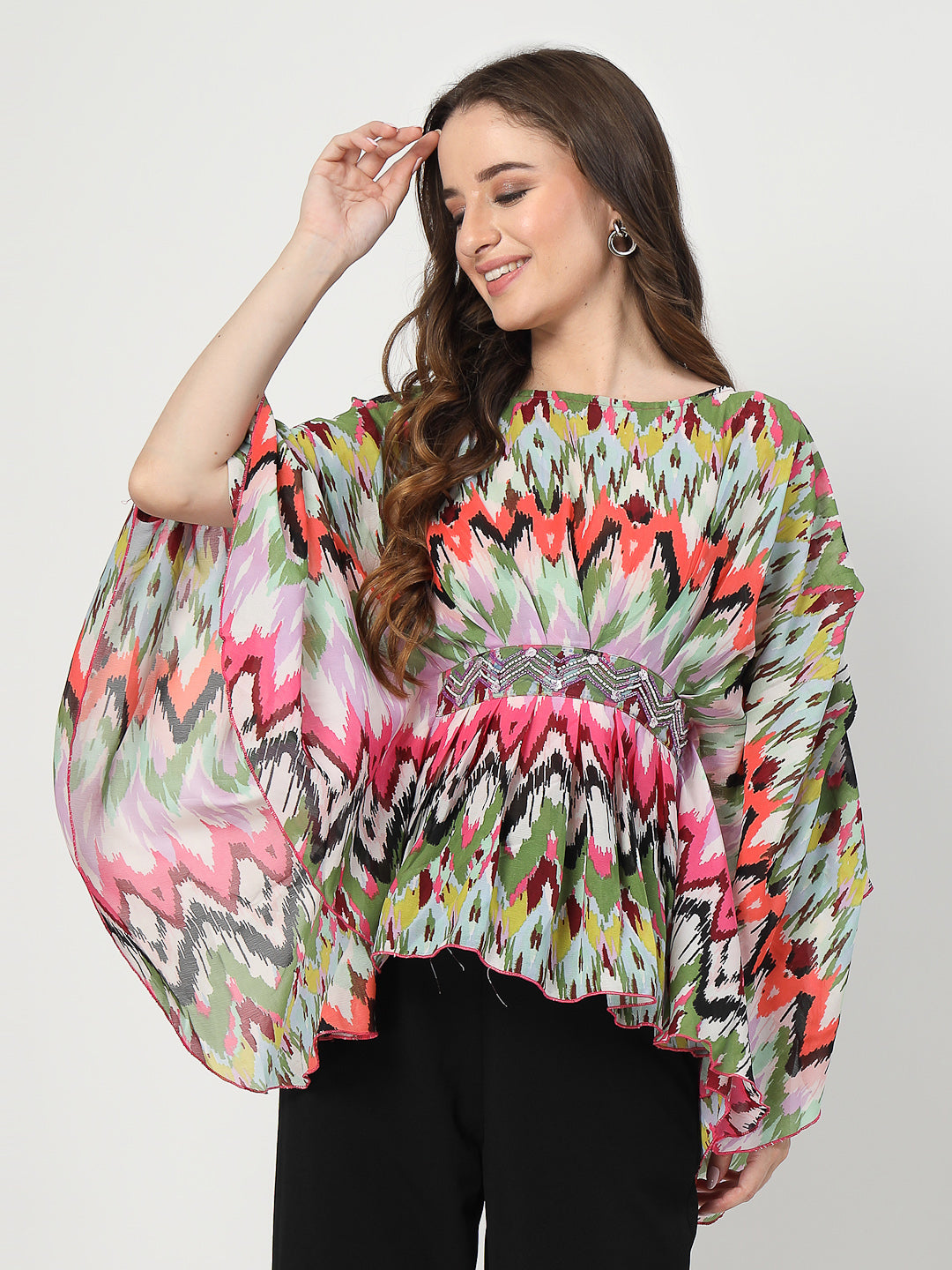 Printed Top with Waistband Embroidery & Palazzo Co-Ord - Cosmic Trio
