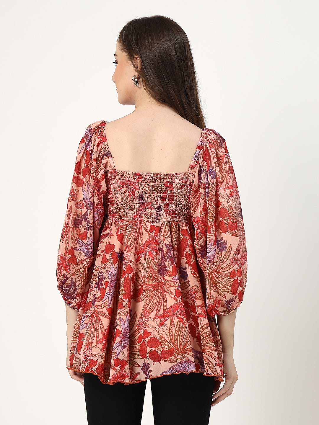 Floral Print Flowy Top with Front Rushing and Back Smoking - Cosmic Trio