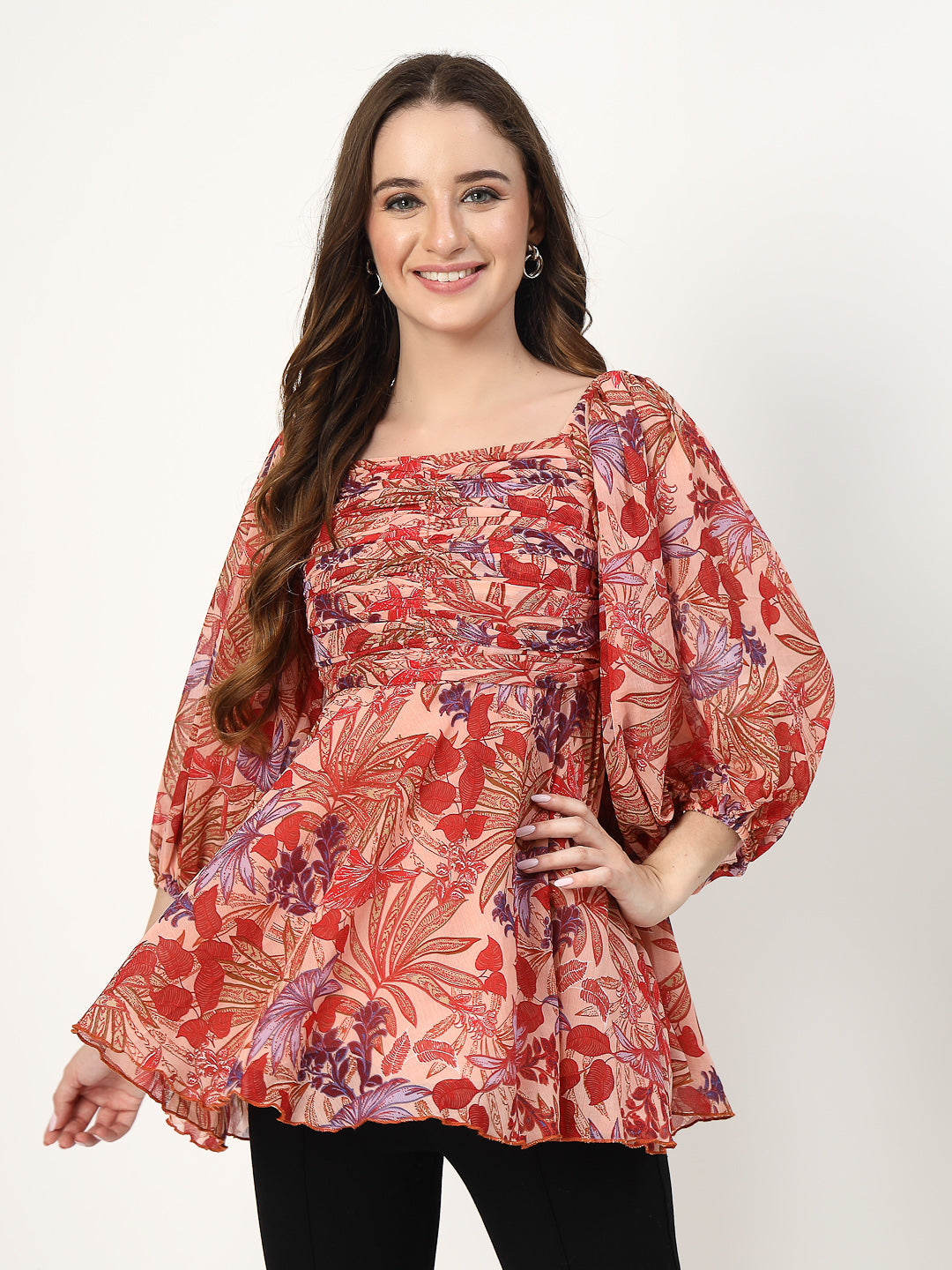 Floral Print Flowy Top with Front Rushing and Back Smoking - Cosmic Trio