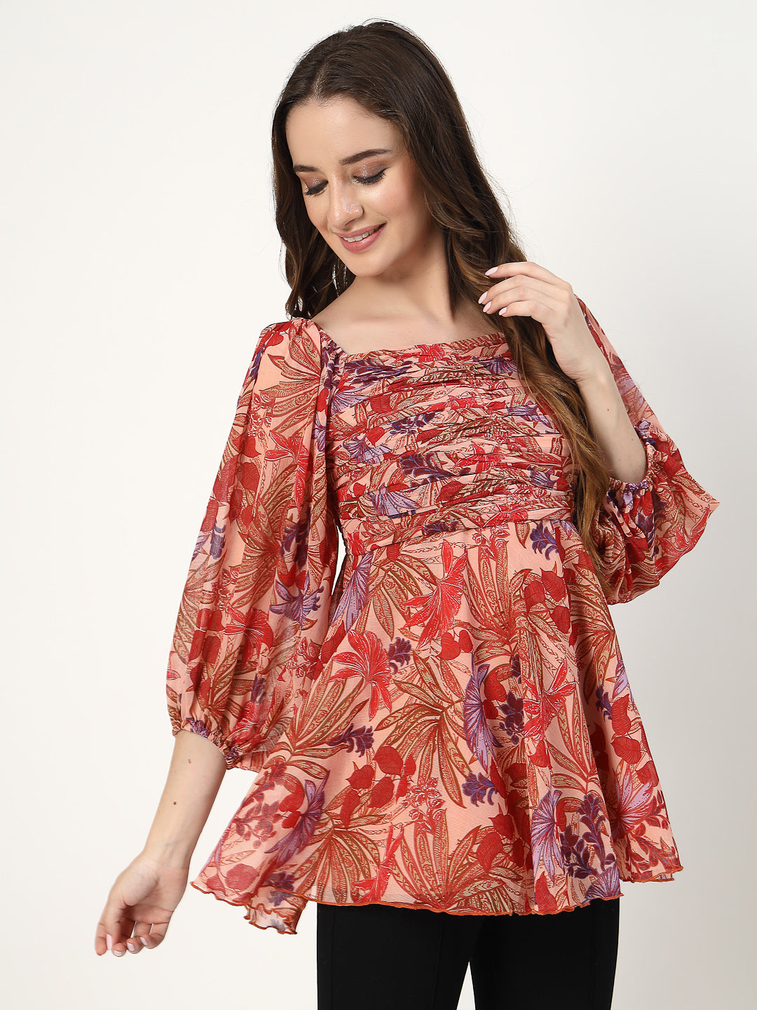 Floral Print Flowy Top with Front Rushing and Back Smoking - Cosmic Trio