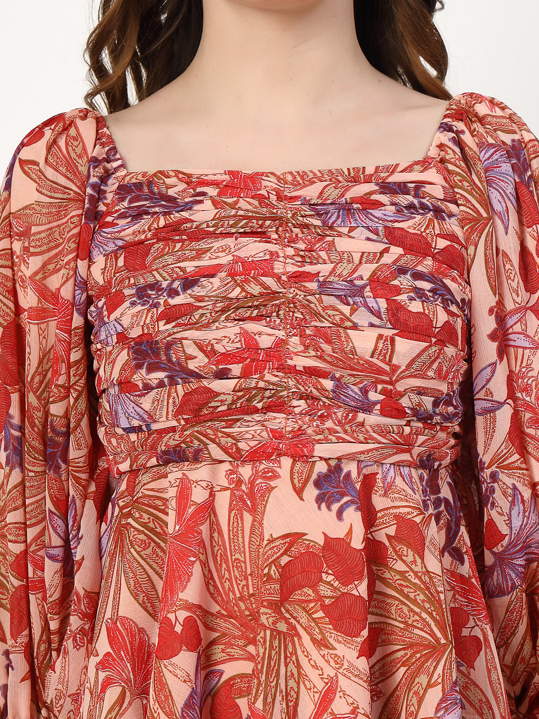 Floral Print Flowy Top with Front Rushing and Back Smoking - Cosmic Trio