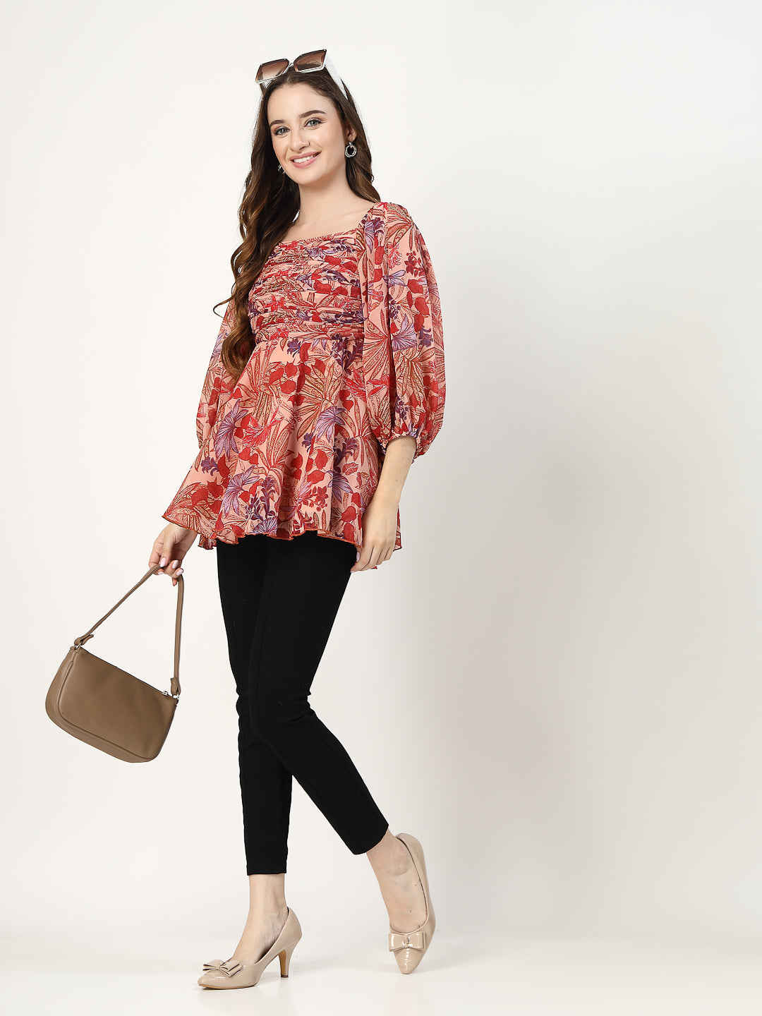 Floral Print Flowy Top with Front Rushing and Back Smoking - Cosmic Trio