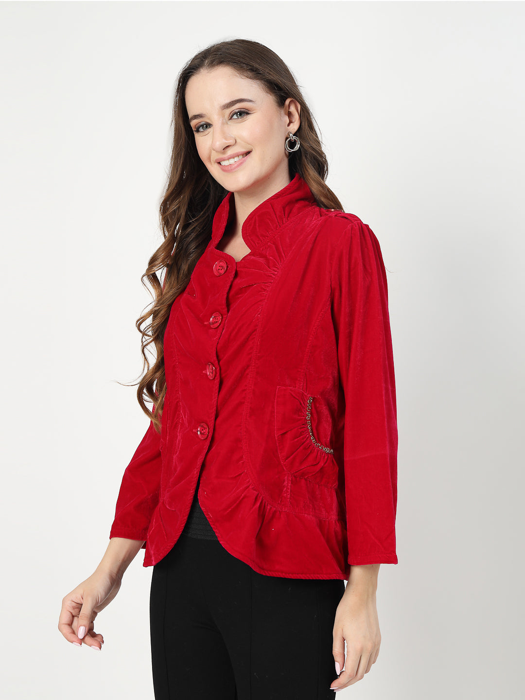 Red Velvet Lightweight Button-Up Jacket – Stylish & Comfortable - Cosmic Trio