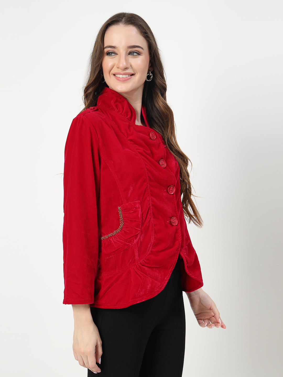 Red Velvet Lightweight Button-Up Jacket – Stylish & Comfortable - Cosmic Trio