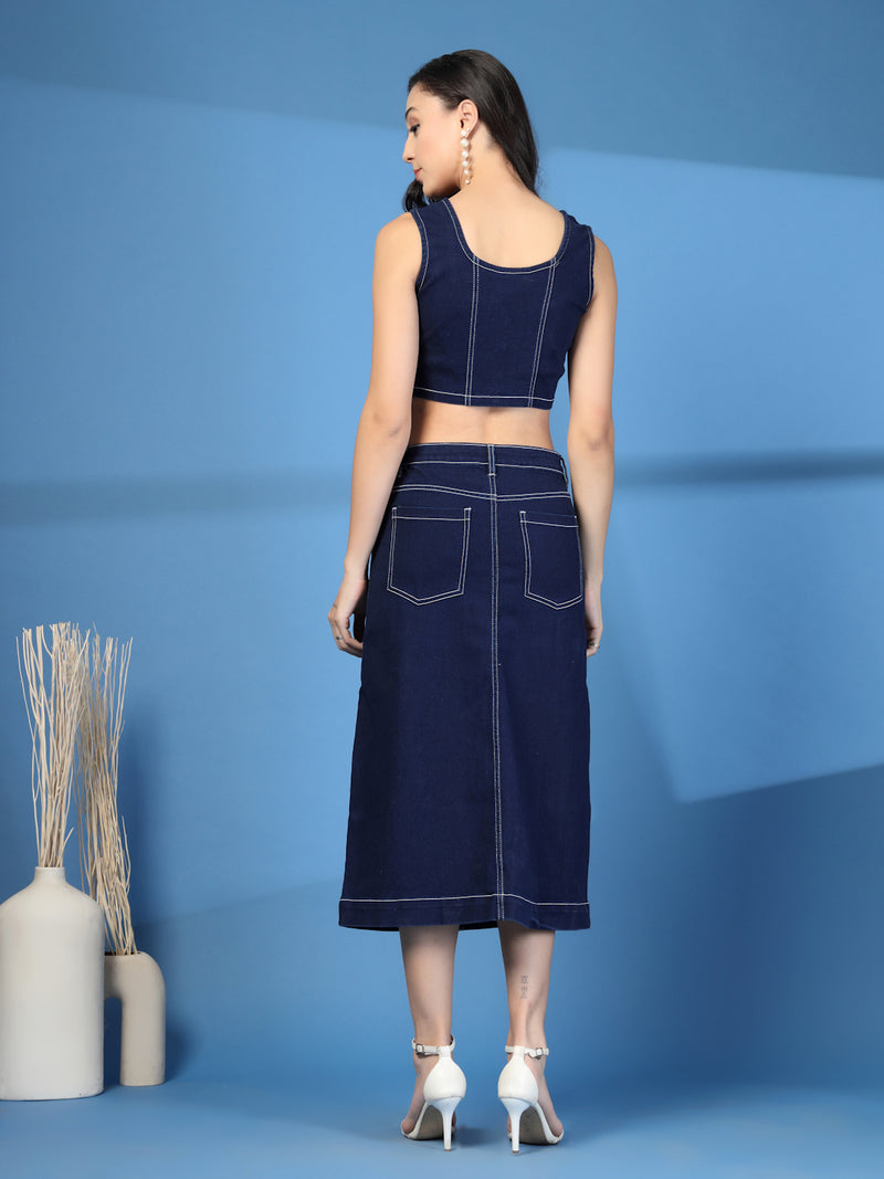 DENIM SKIRT & TOP CORD SET WITH PATCH POCKET