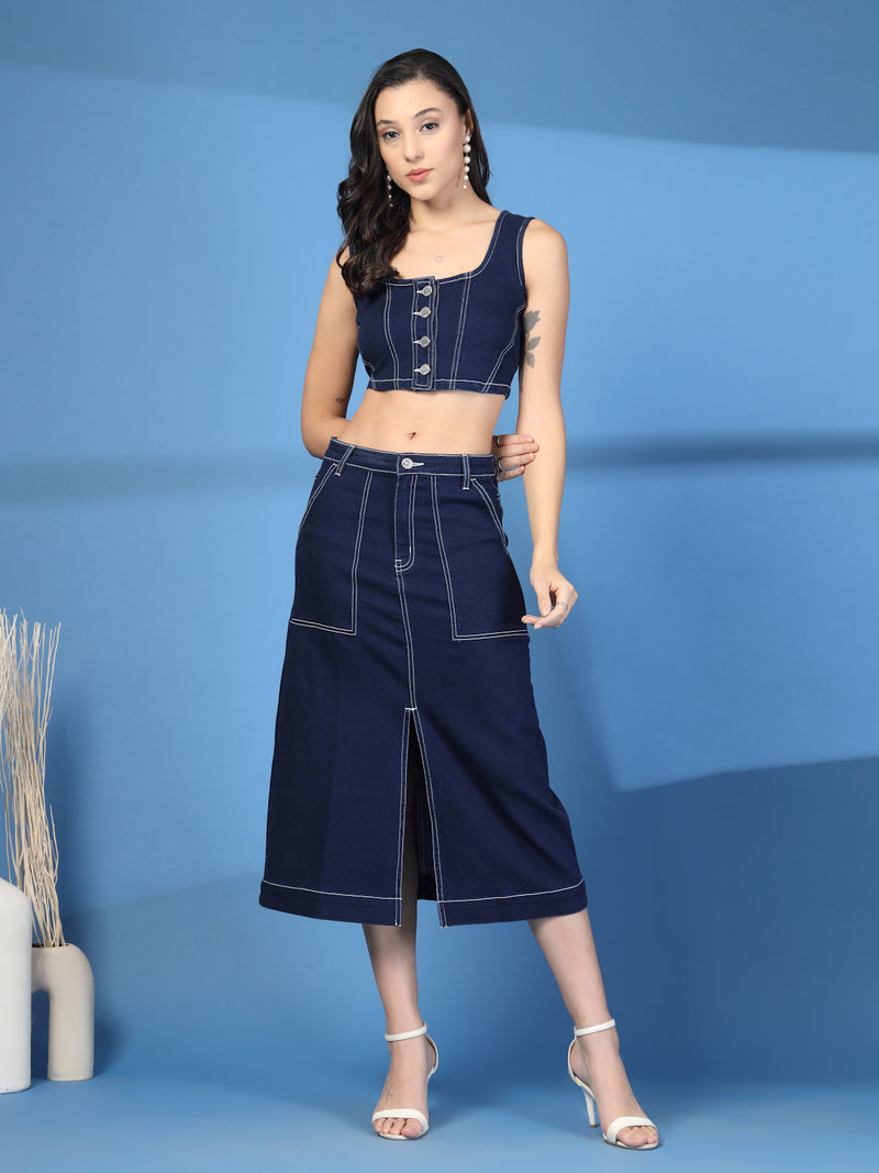 DENIM SKIRT & TOP CORD SET WITH PATCH POCKET
