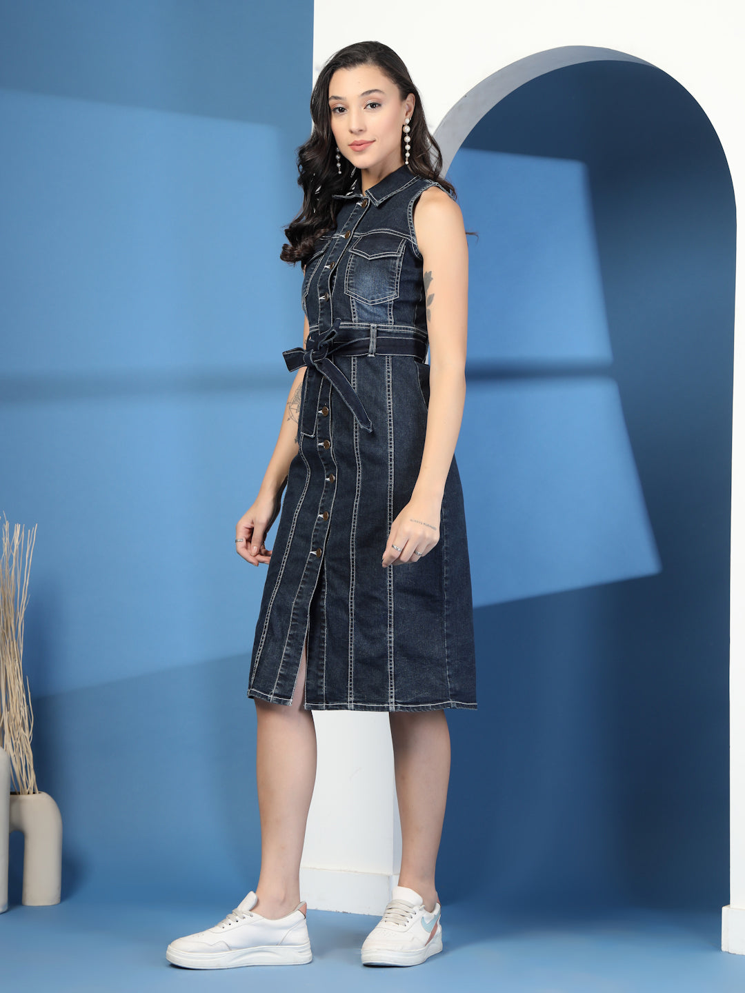 Dark Blue Denim Sleeveless Shirt Dress for Women