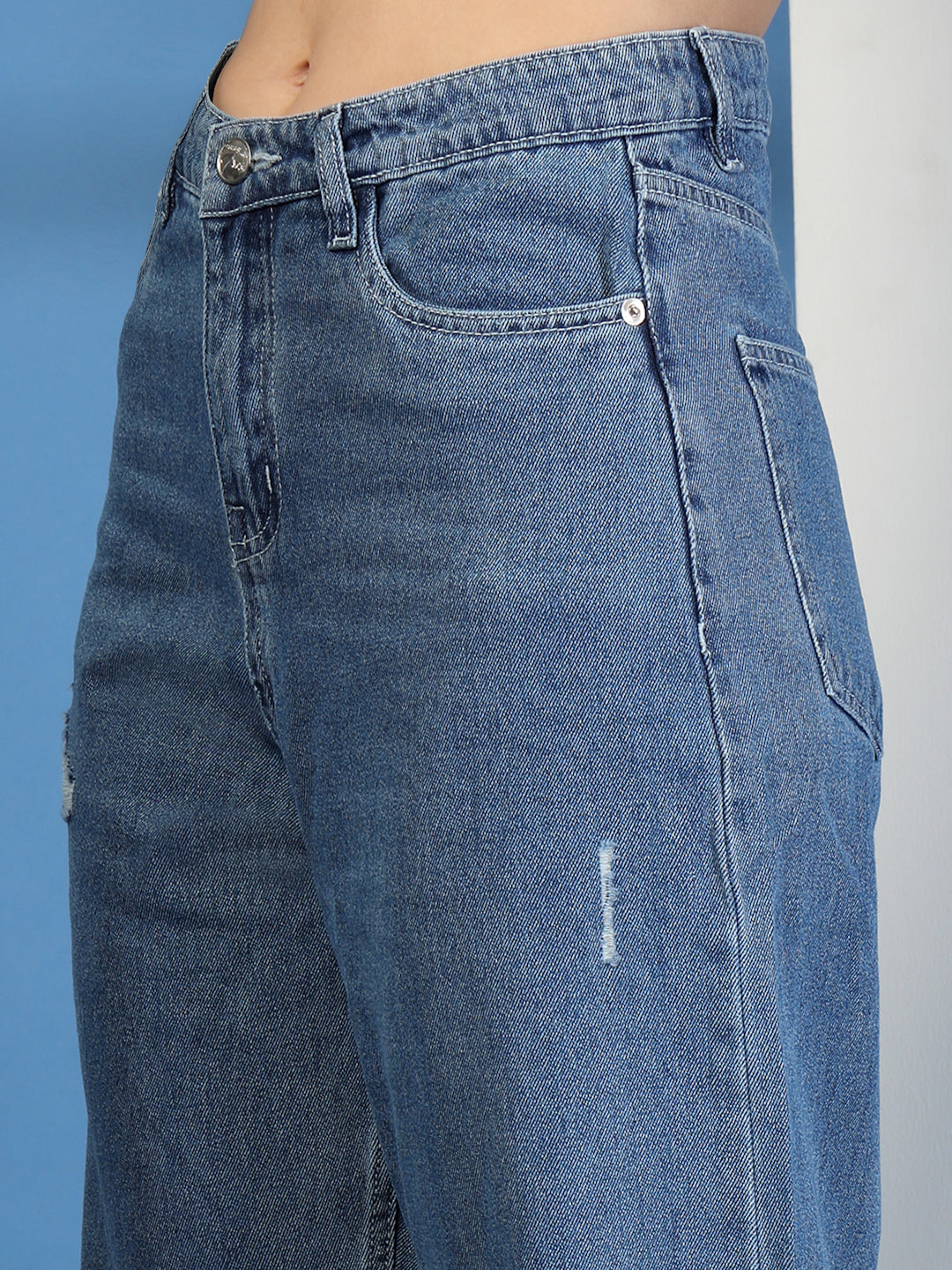 Mid Indigo Wide Leg Distress Denim Jeans