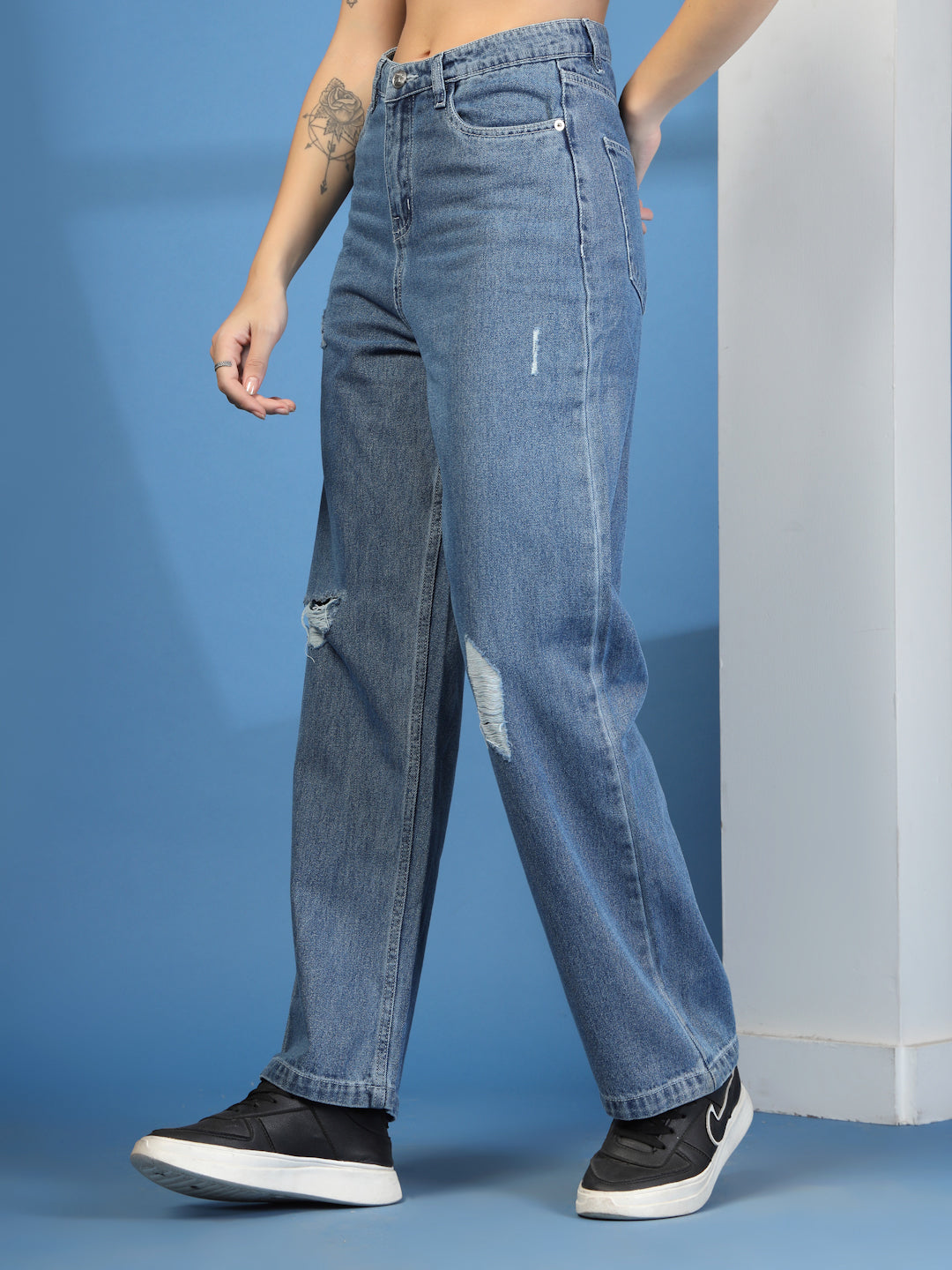Mid Indigo Wide Leg Distress Denim Jeans