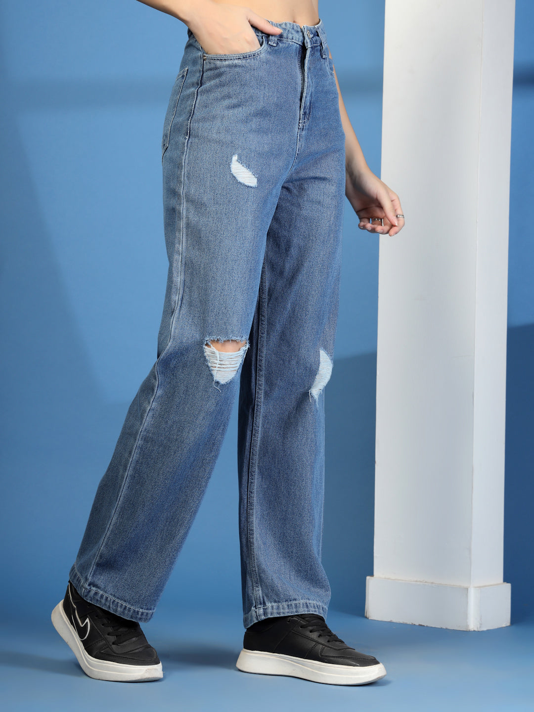 Mid Indigo Wide Leg Distress Denim Jeans