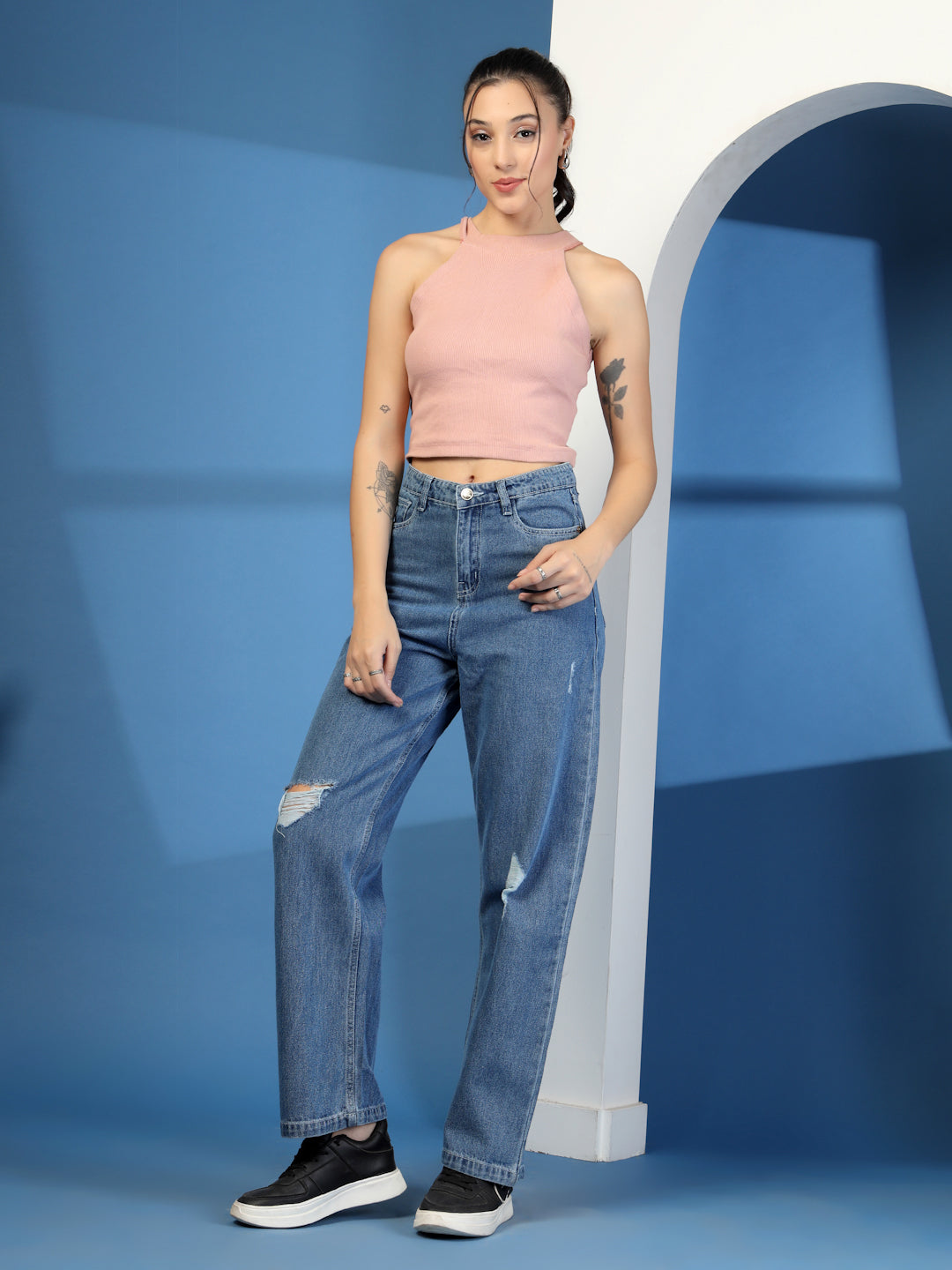 Mid Indigo Wide Leg Distress Denim Jeans