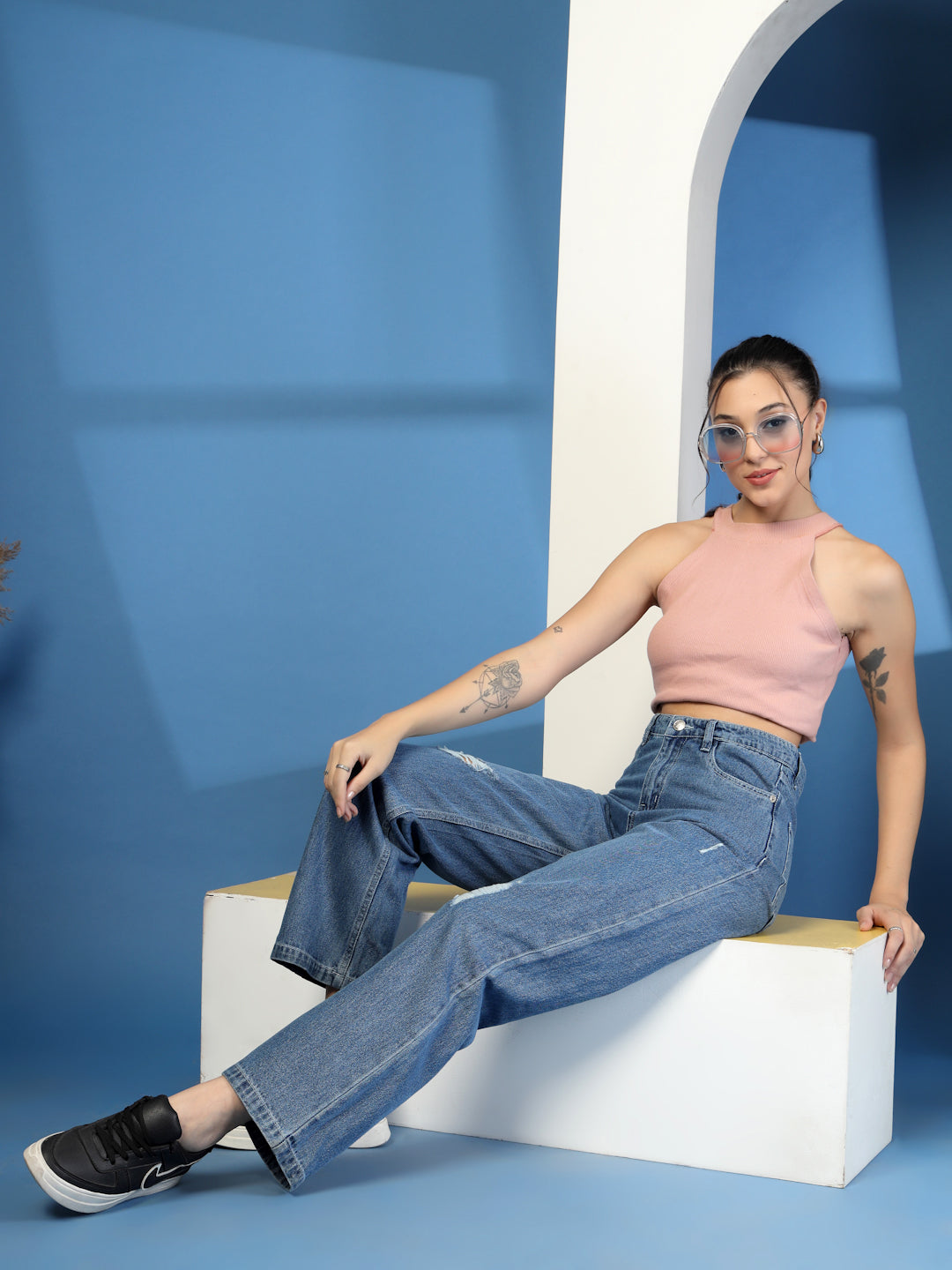 Mid Indigo Wide Leg Distress Denim Jeans