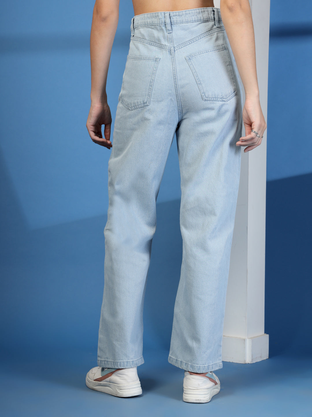 Light Indigo Wide Distressed Denim Jeans for Women