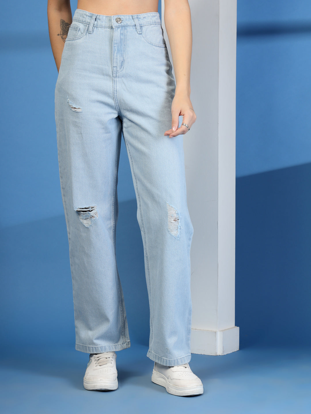 Light Indigo Wide Leg Distress Denim Jeans