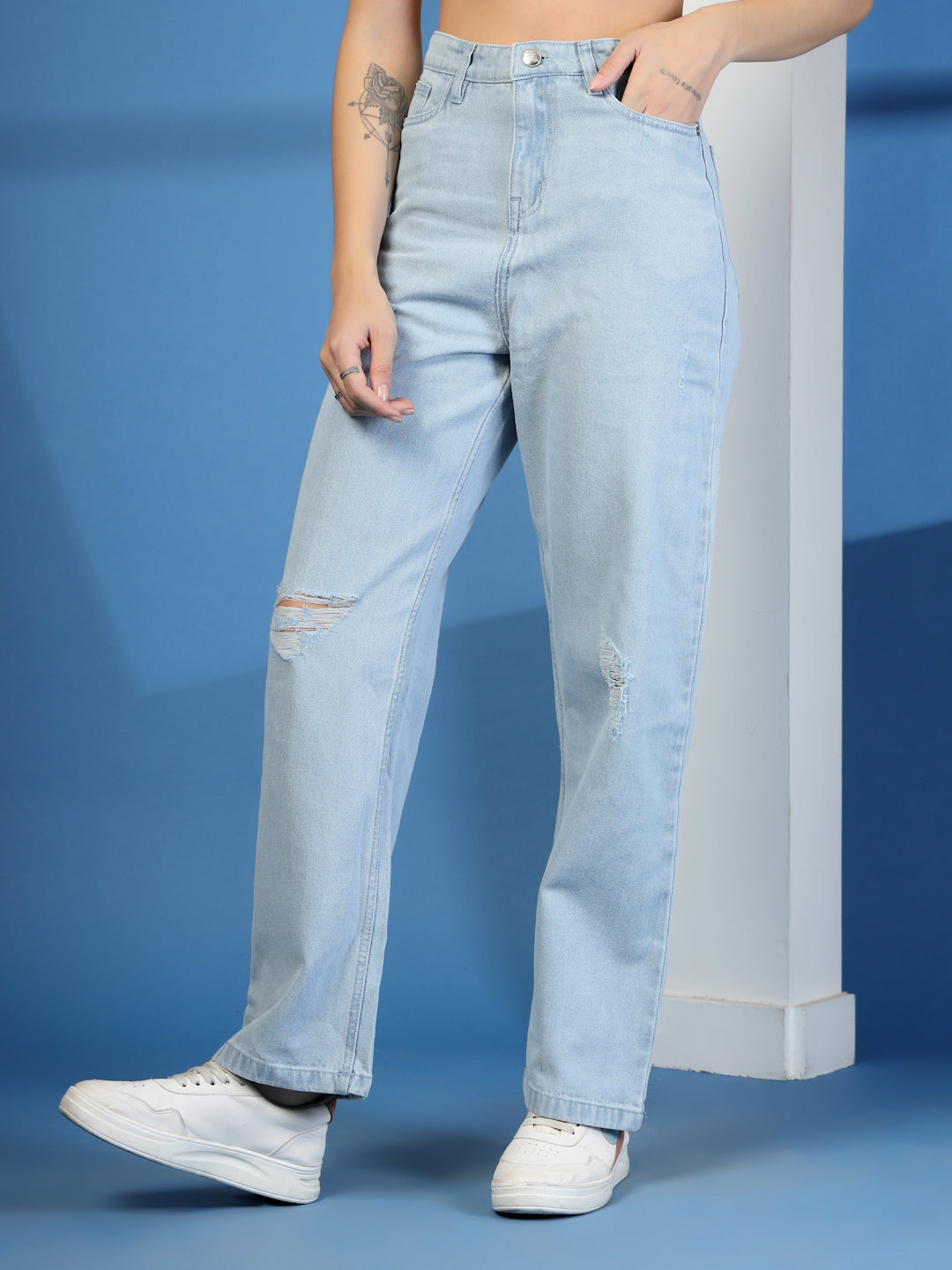Light Indigo Wide Distressed Denim Jeans for Women