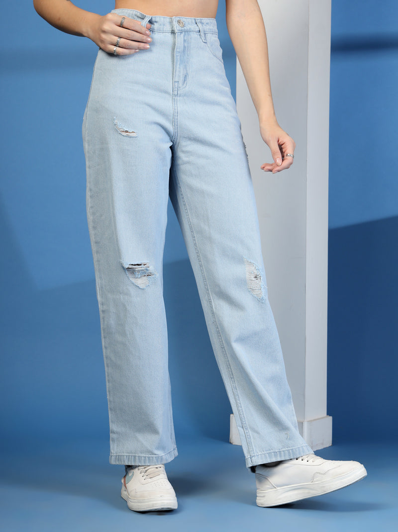 Light Indigo Wide Distressed Denim Jeans for Women