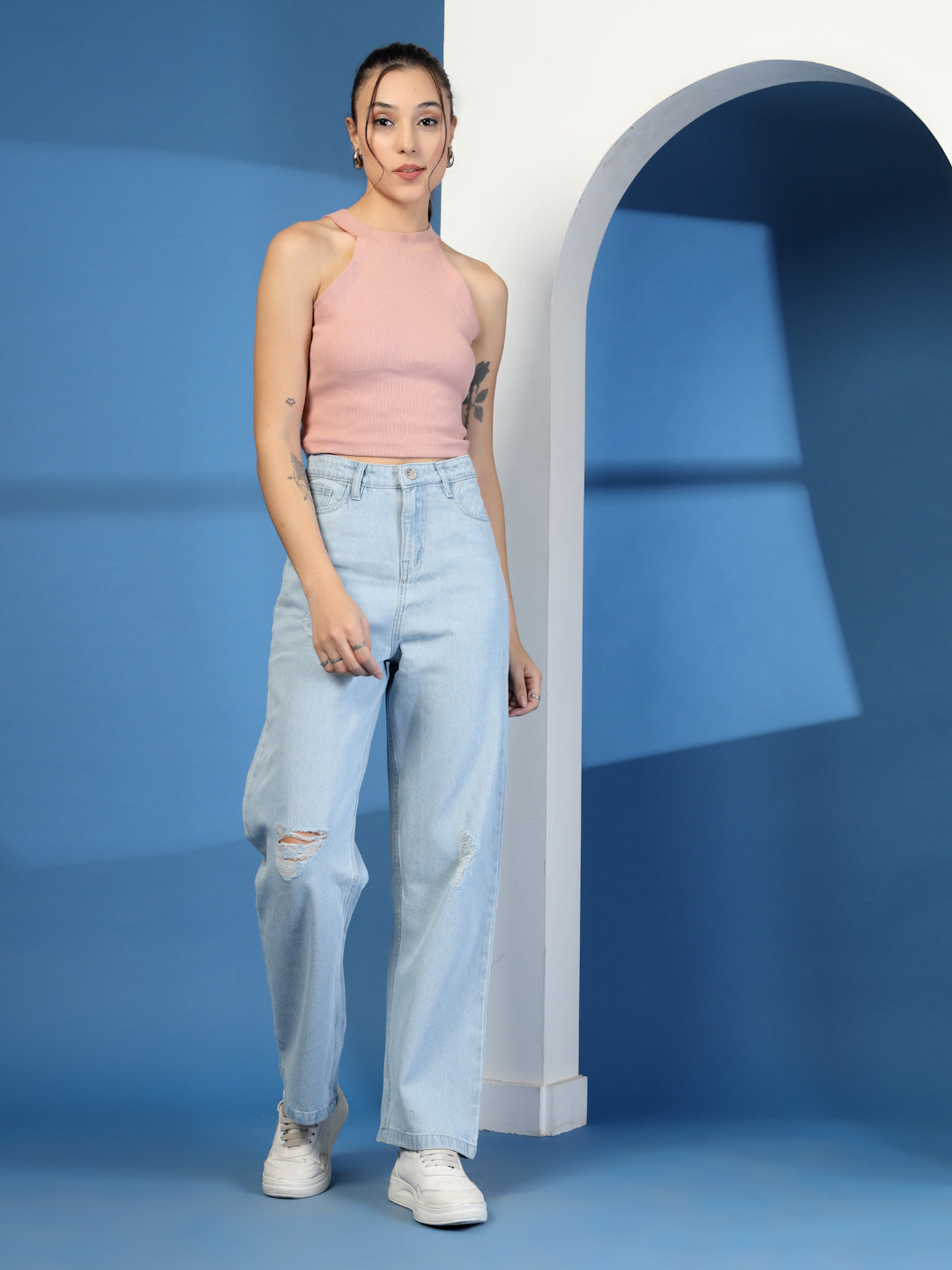 Light Indigo Wide Leg Distress Denim Jeans