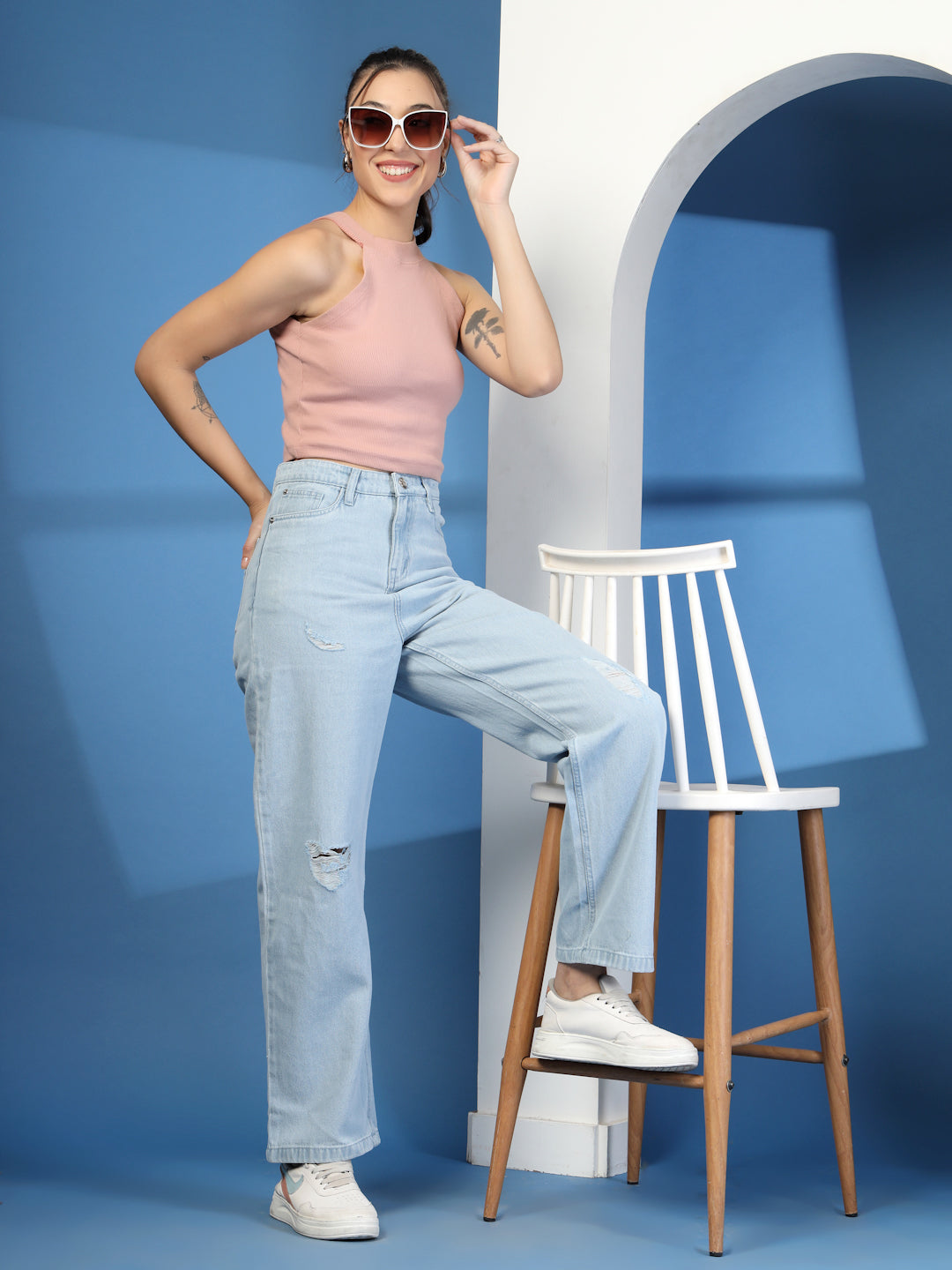 Light Indigo Wide Leg Distress Denim Jeans