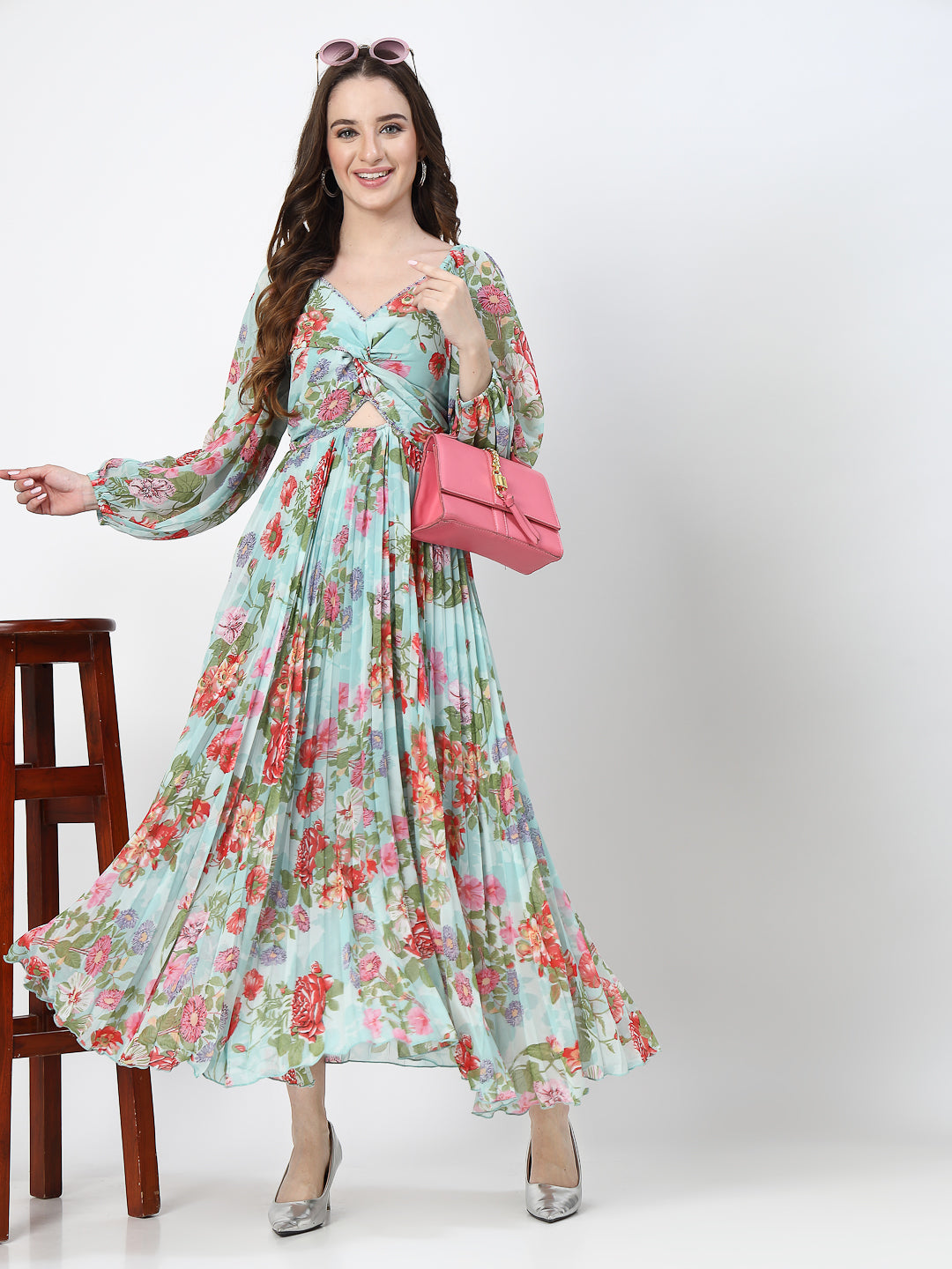 Floral Print Sea Green Long Dress - Cosmic Trio