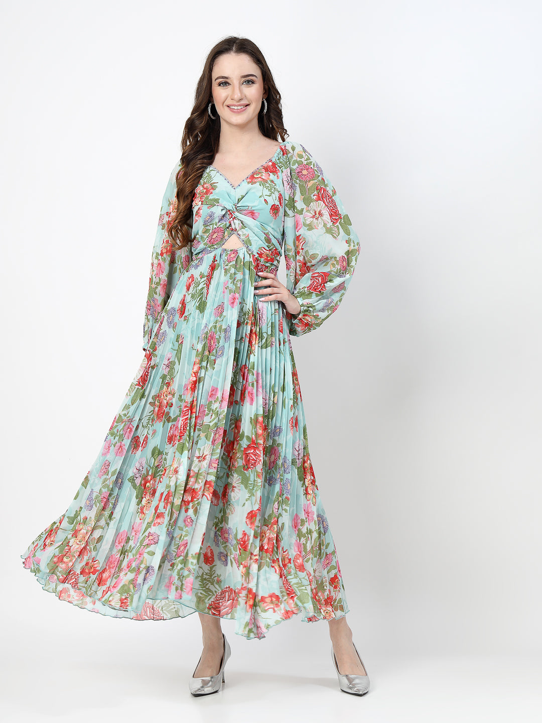 Floral Print Sea Green Long Dress - Cosmic Trio