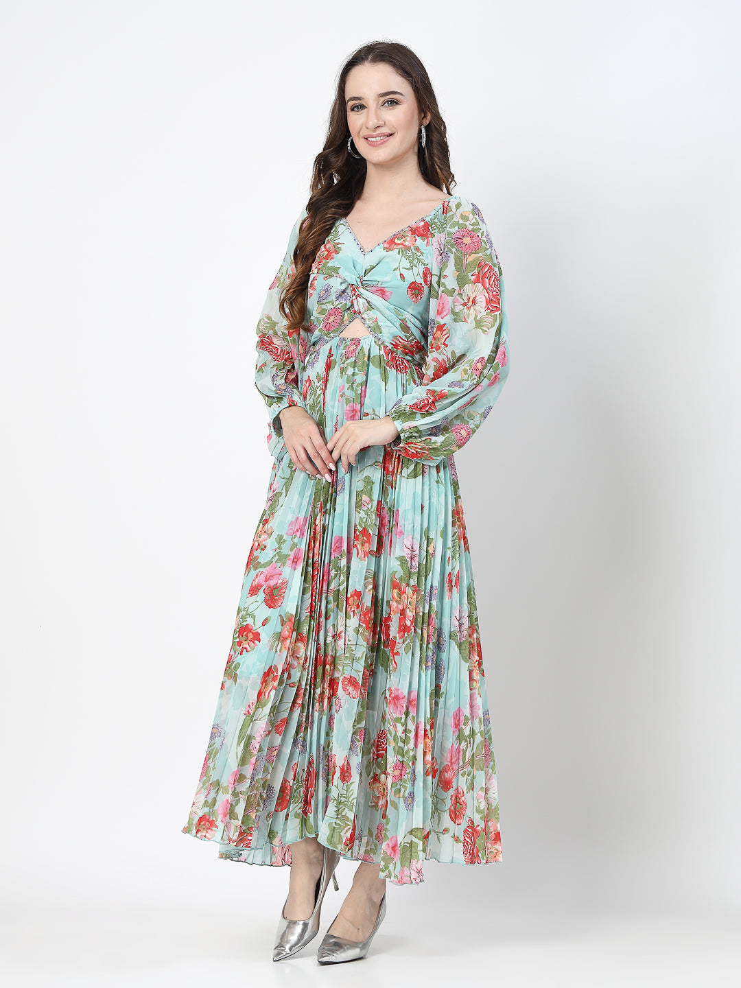 Floral Print Sea Green Long Dress - Cosmic Trio