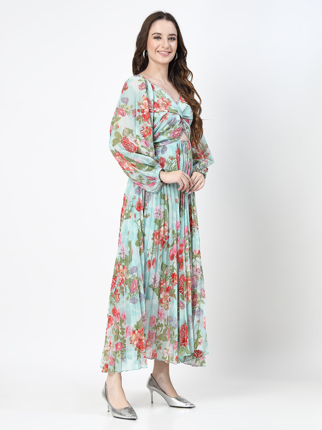 Floral Print Sea Green Long Dress - Cosmic Trio
