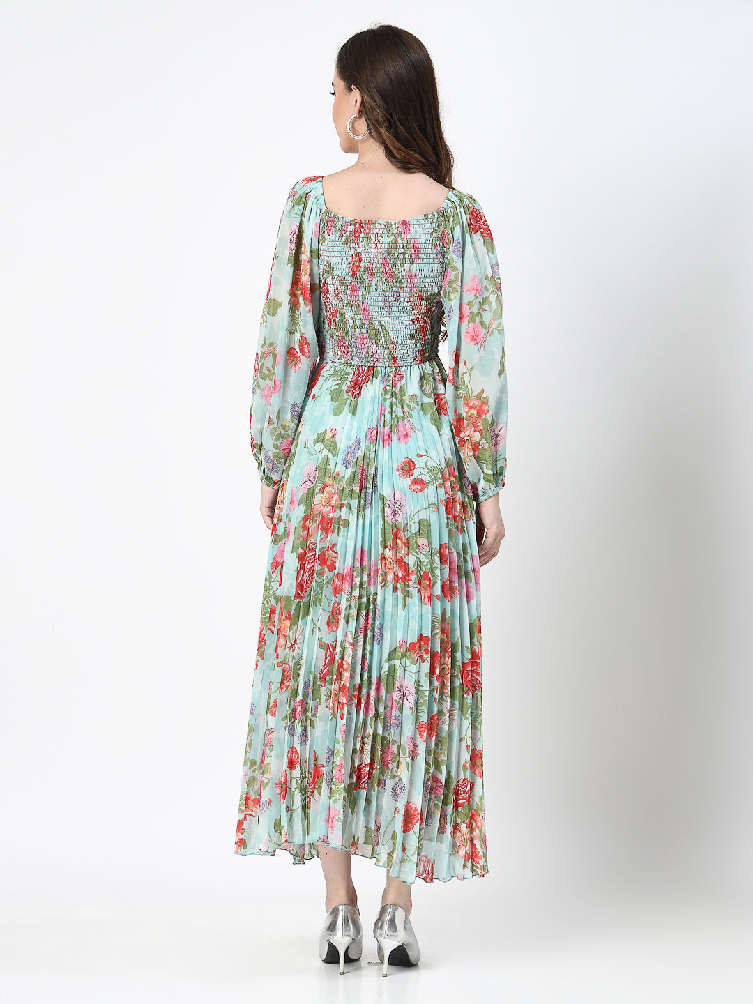 Floral Print Sea Green Long Dress - Cosmic Trio