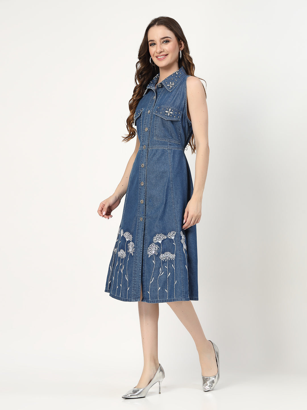 Embroidered Halter Neck Denim Shirt Dress - Cosmic Trio