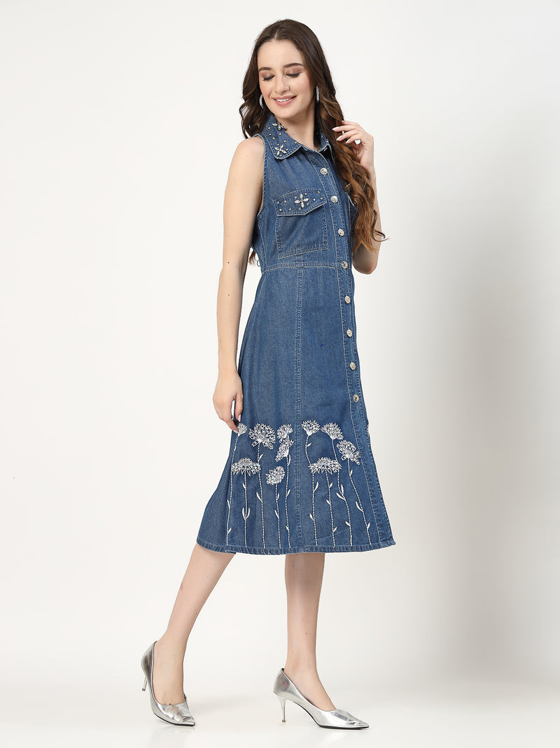 Embroidered Halter Neck Denim Shirt Dress - Cosmic Trio