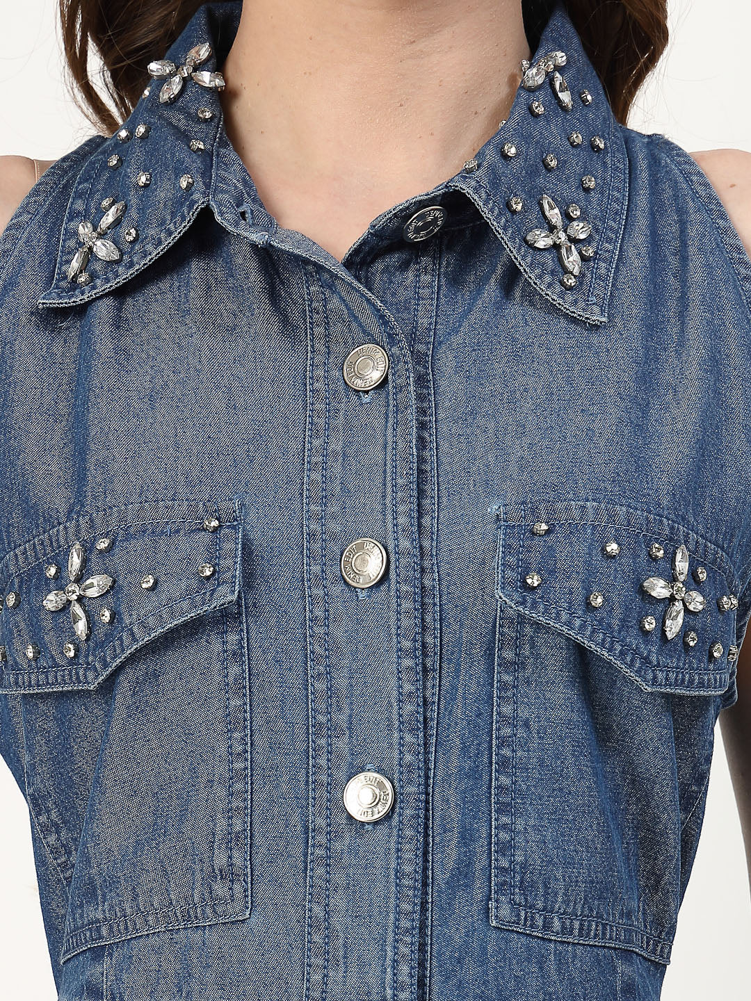 Embroidered Halter Neck Denim Shirt Dress - Cosmic Trio